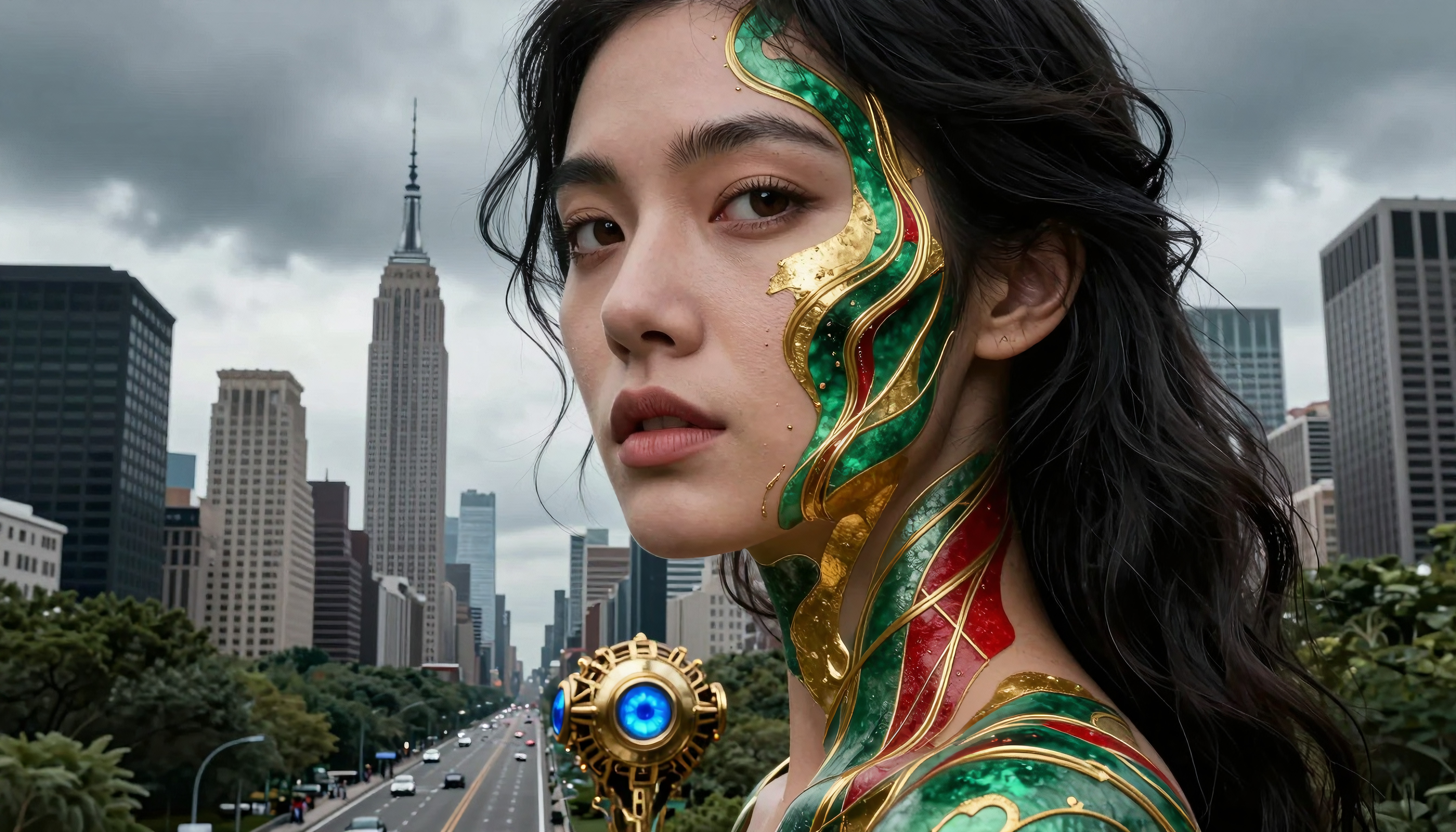 Woman with ornate face, colorful body designs, urban skyline.