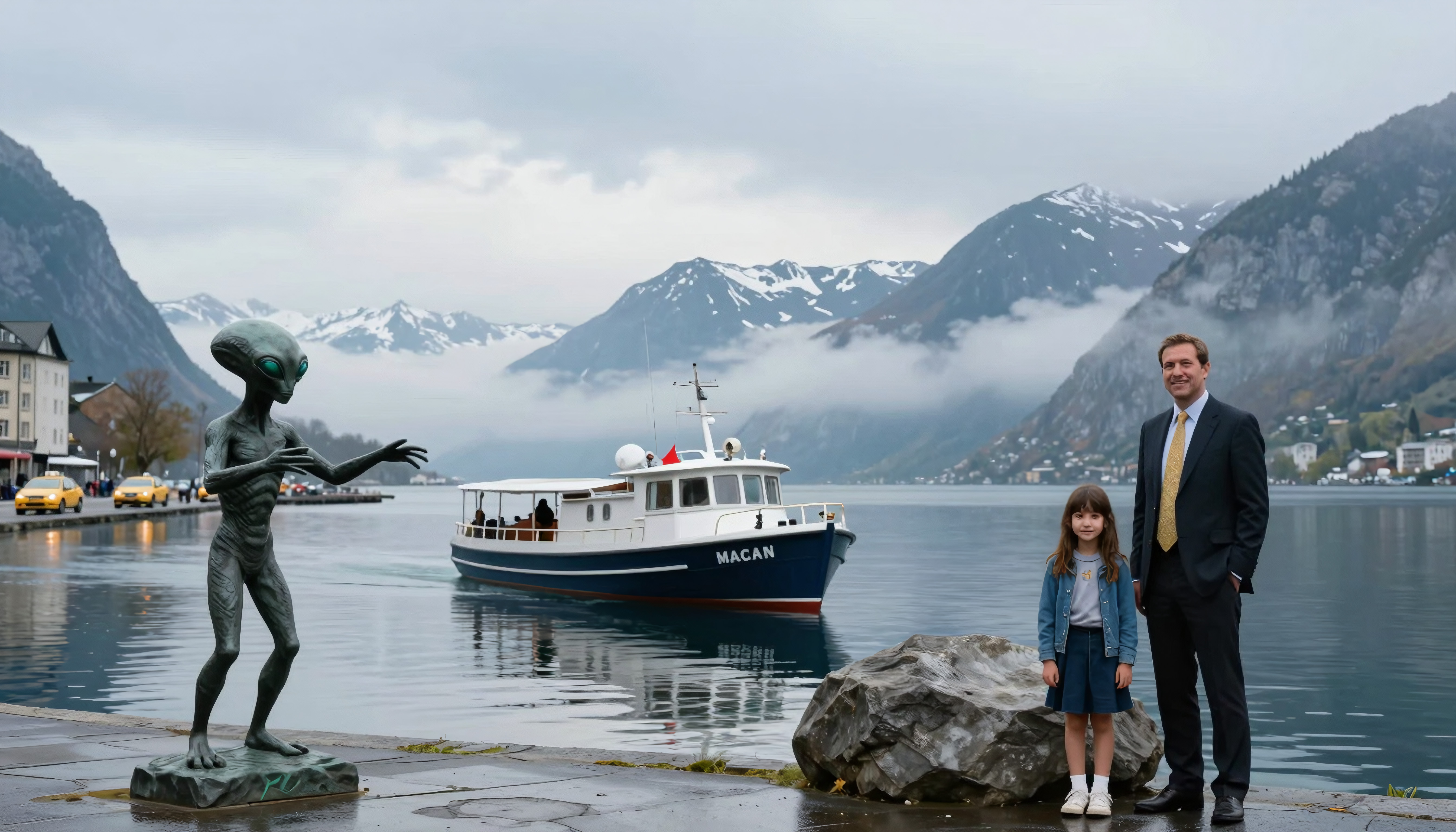 A man and child beside an alien statue by a fjord.