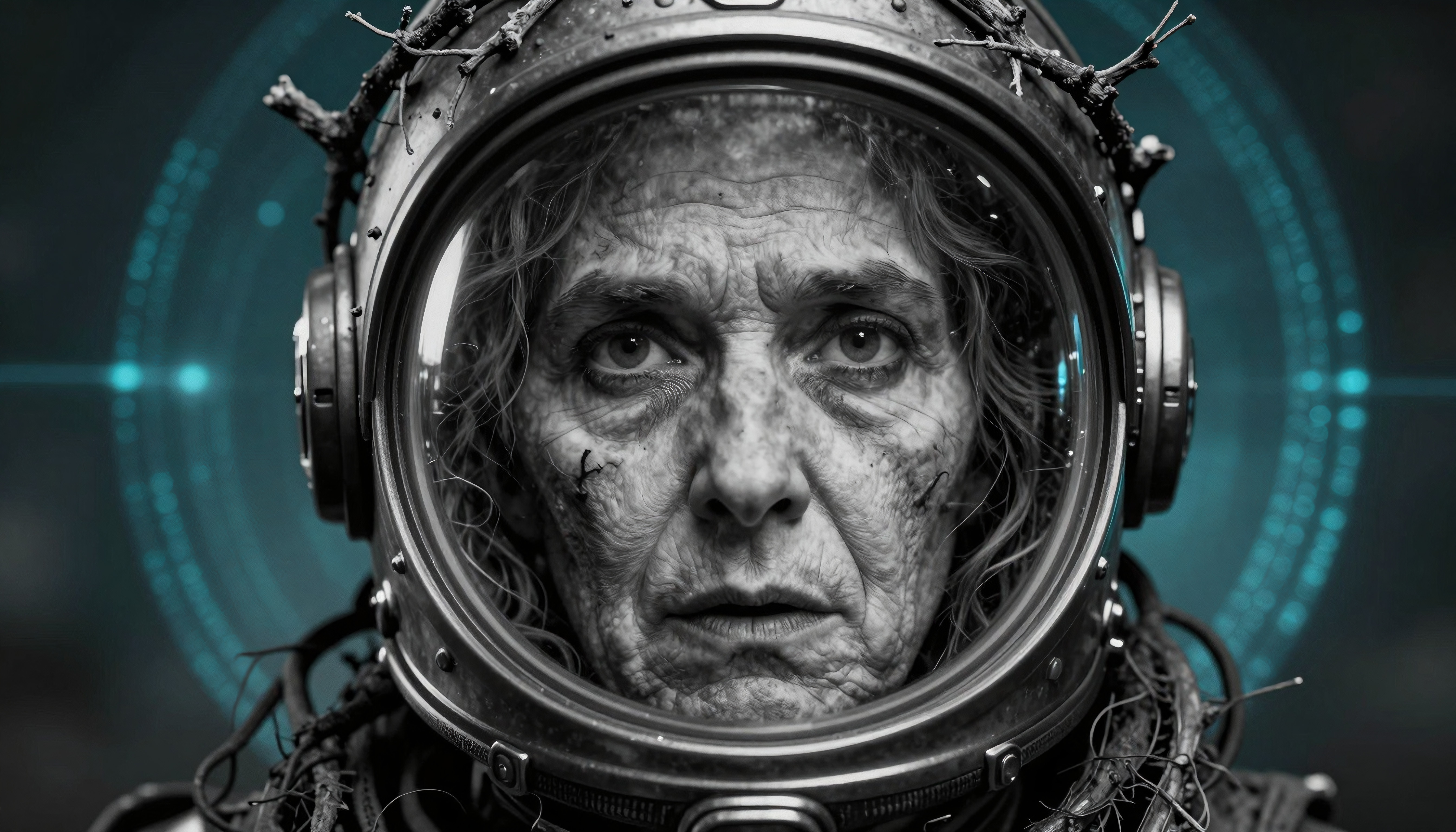 An elderly woman in a weathered astronaut helmet, surrounded by vines, stares intensely forward, blending nature and futuristic elements.