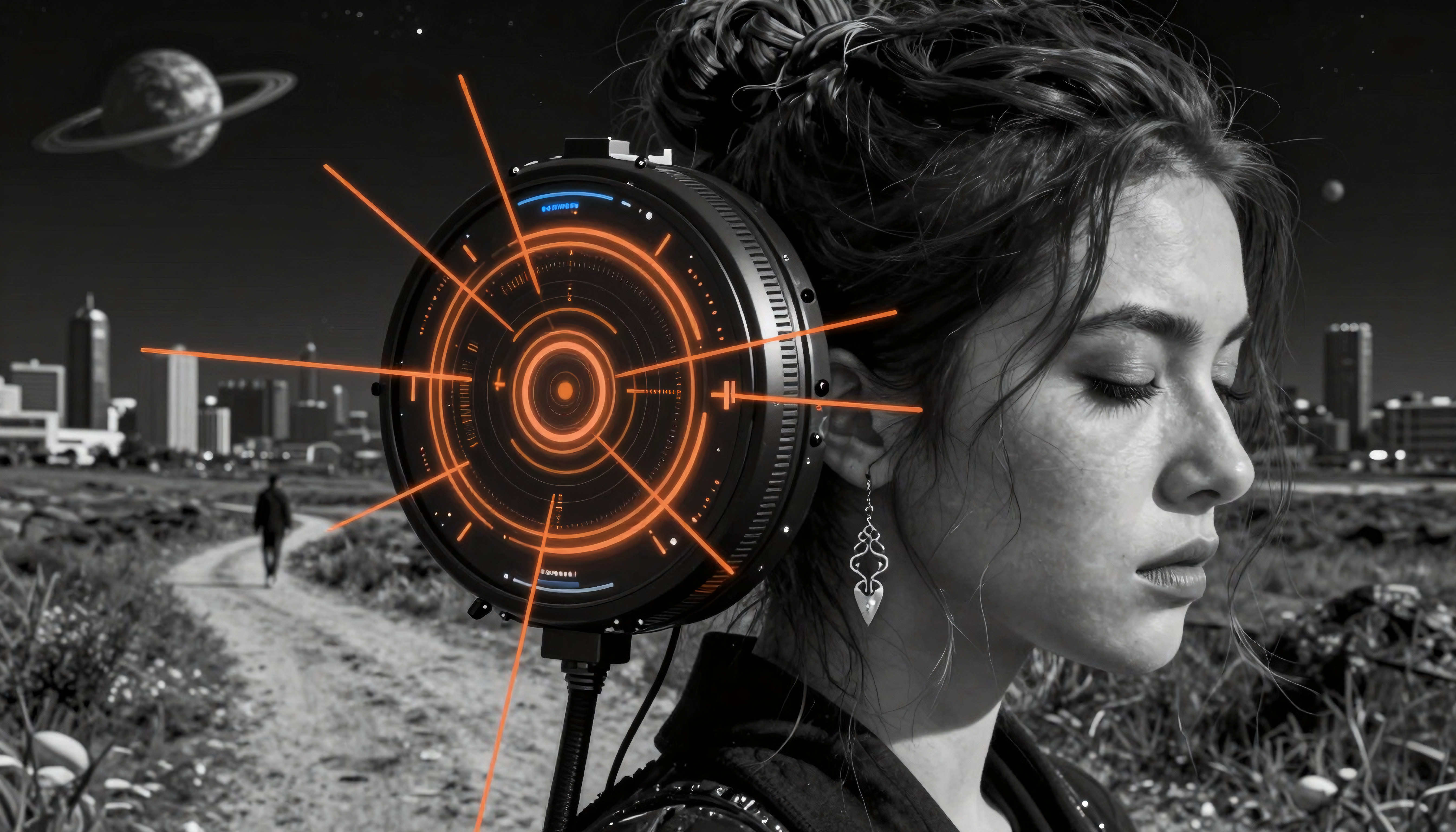 A woman with futuristic headgear stands against a cosmic city backdrop under a starry sky.