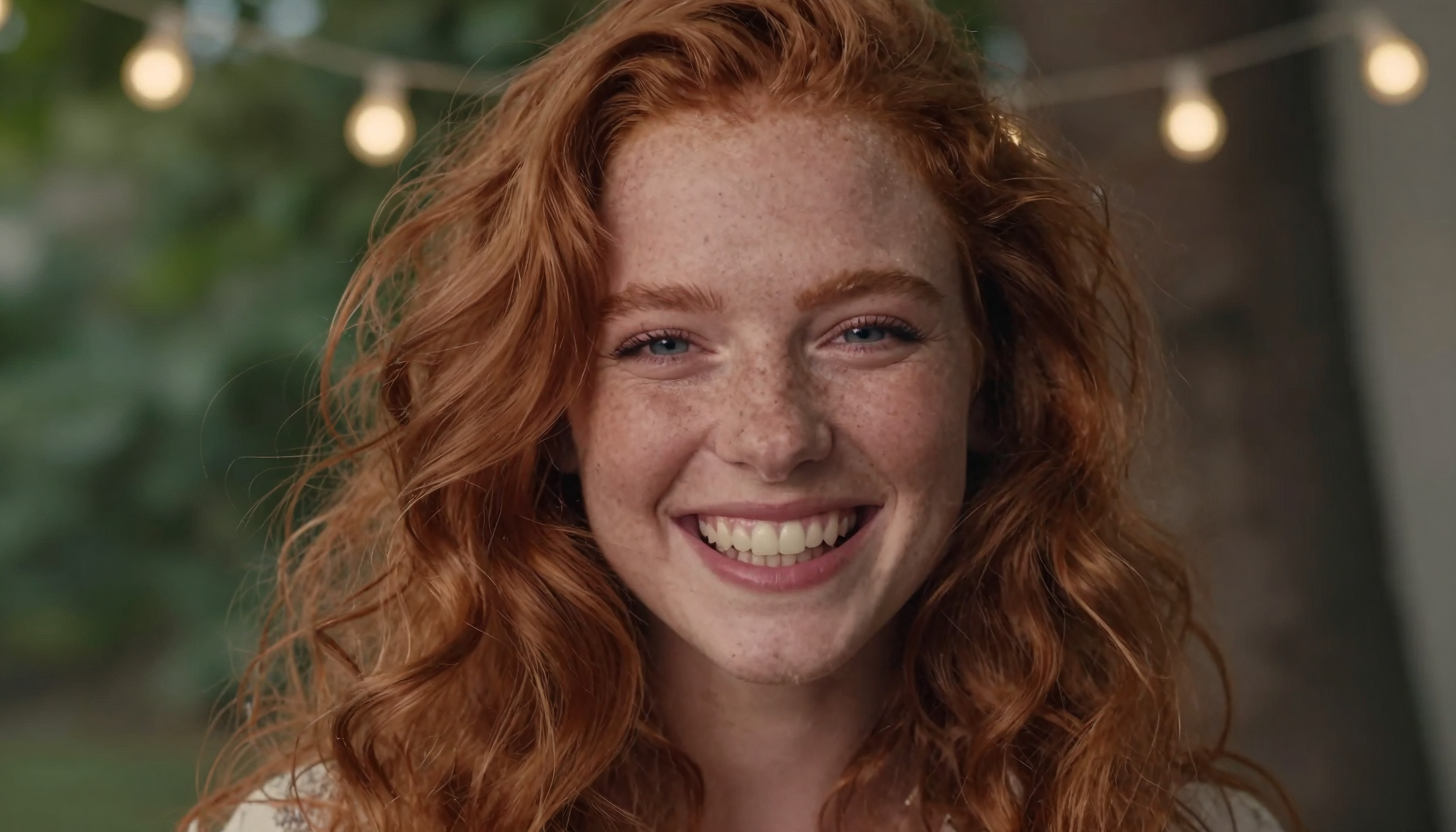 A joyful person with red hair and freckles smiling brightly, surrounded by soft glowing lights.