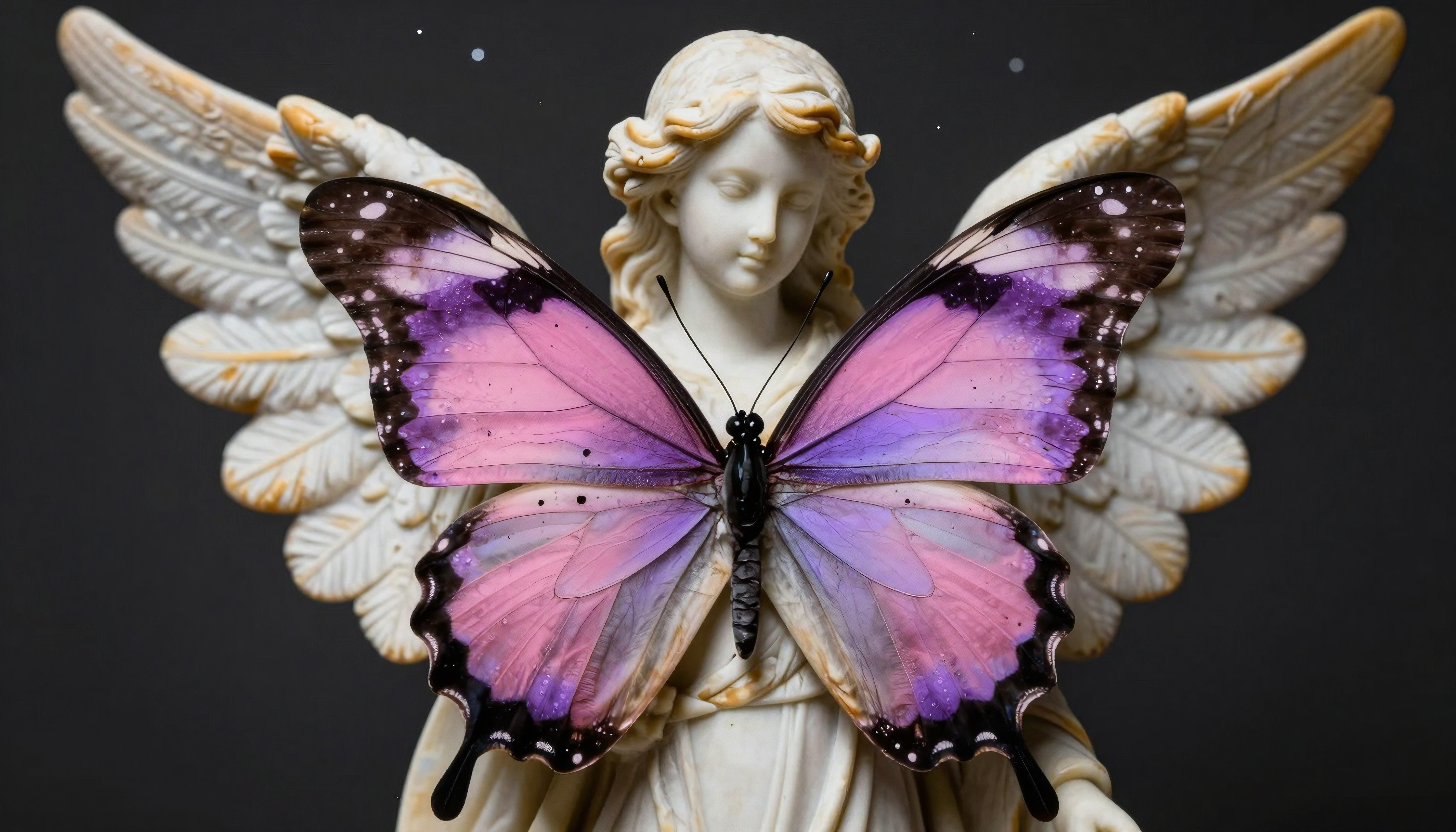 A detailed statue of an angel with vibrant pink and purple butterfly wings in a serene, ethereal scene.