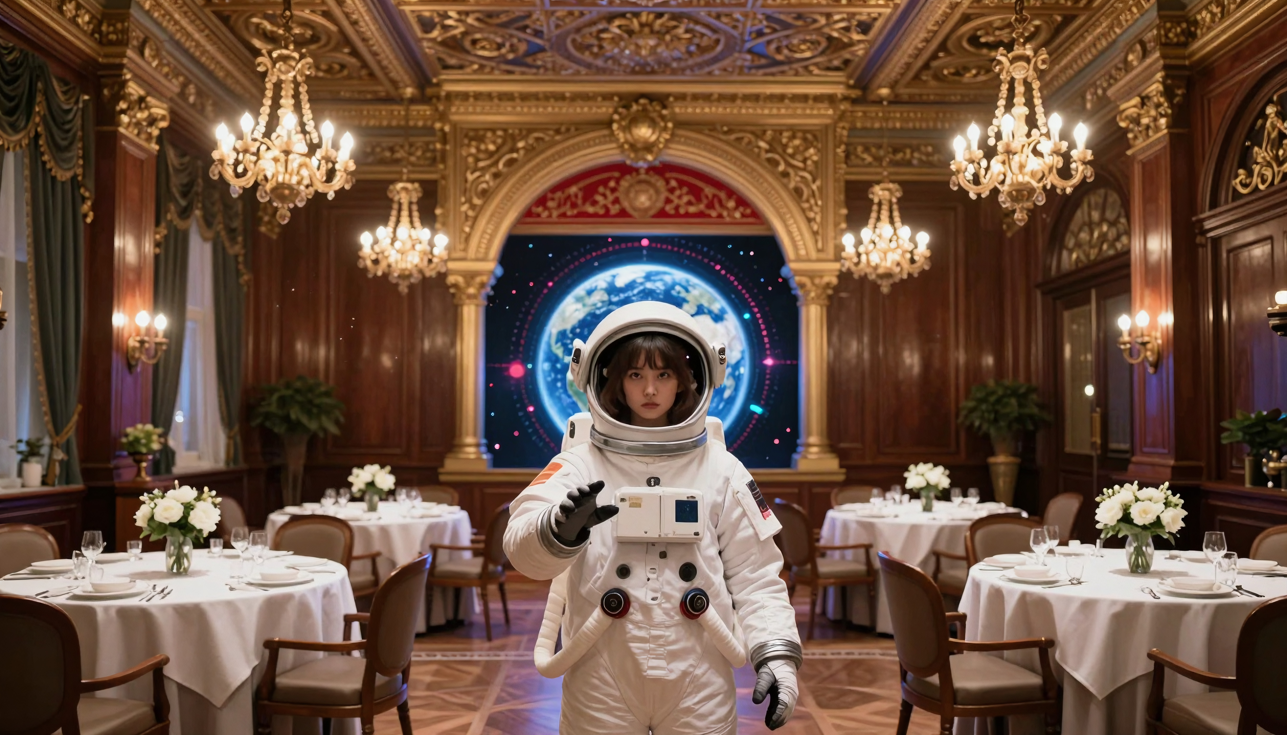 A lone astronaut in an opulent dining room with Earth displayed in the background.
