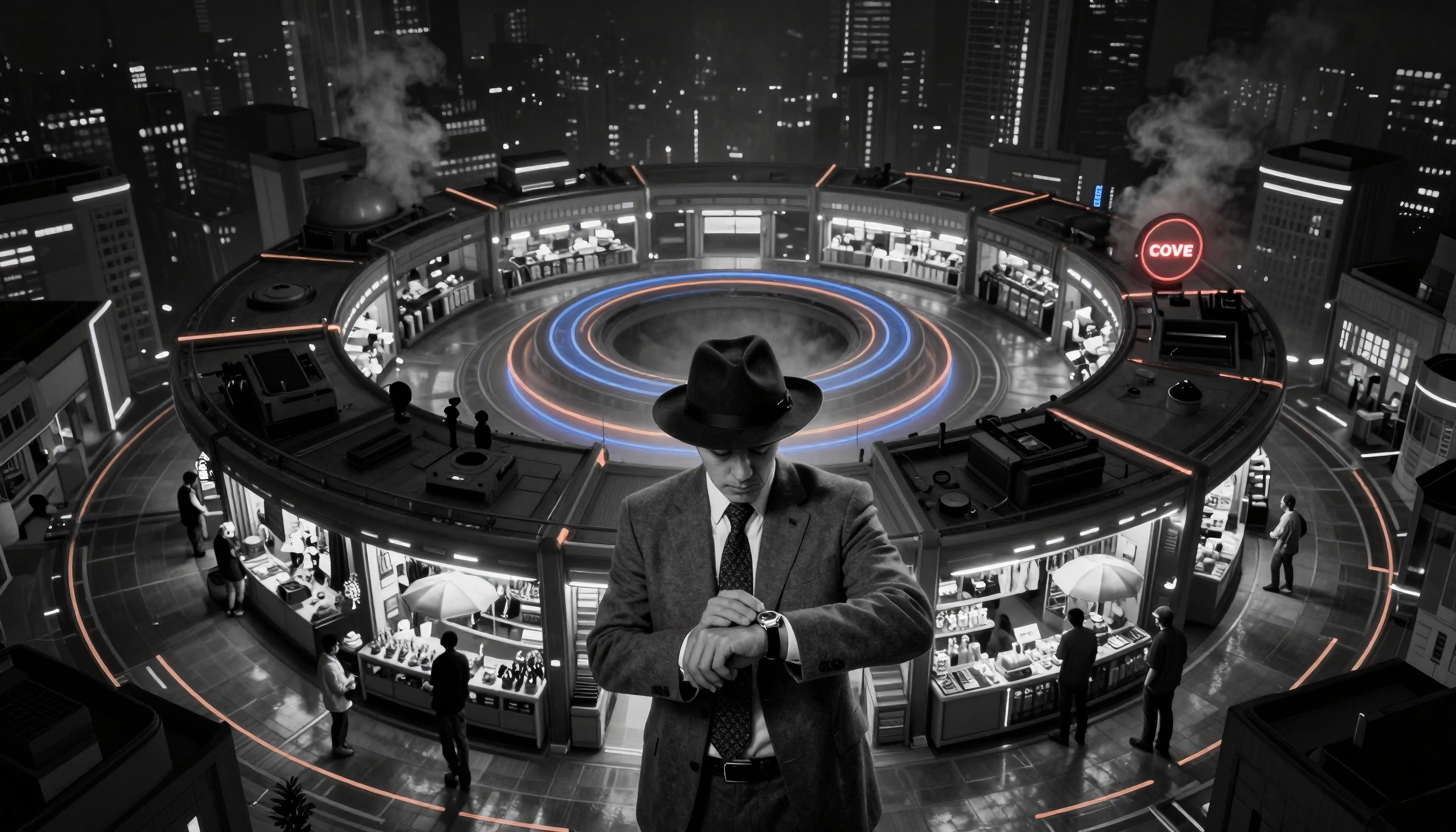 Man in suit adjusts watch in futuristic neon market setting.