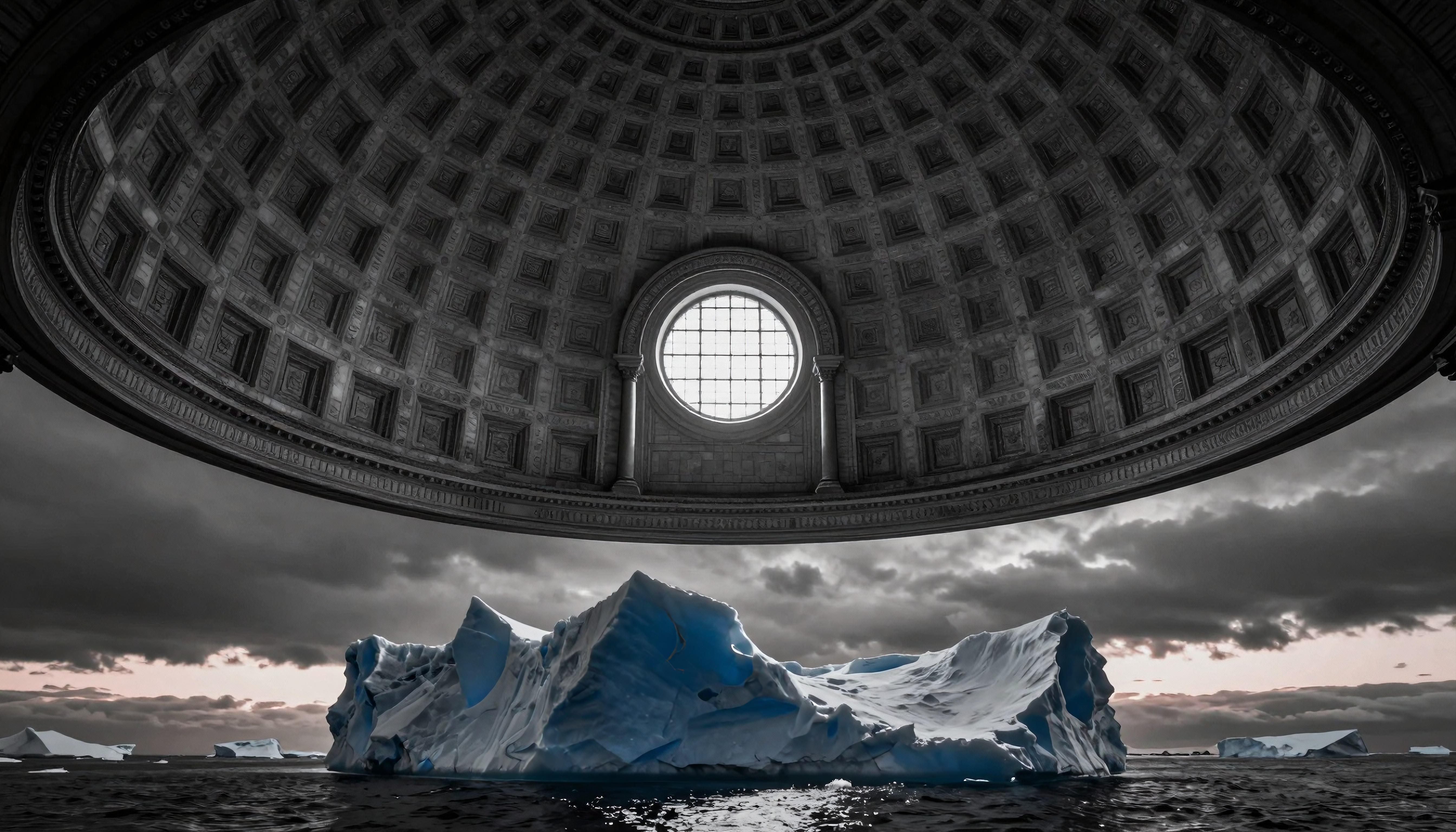 Surreal juxtaposition of iceberg and grand architecture with a contrasting dome ceiling.
