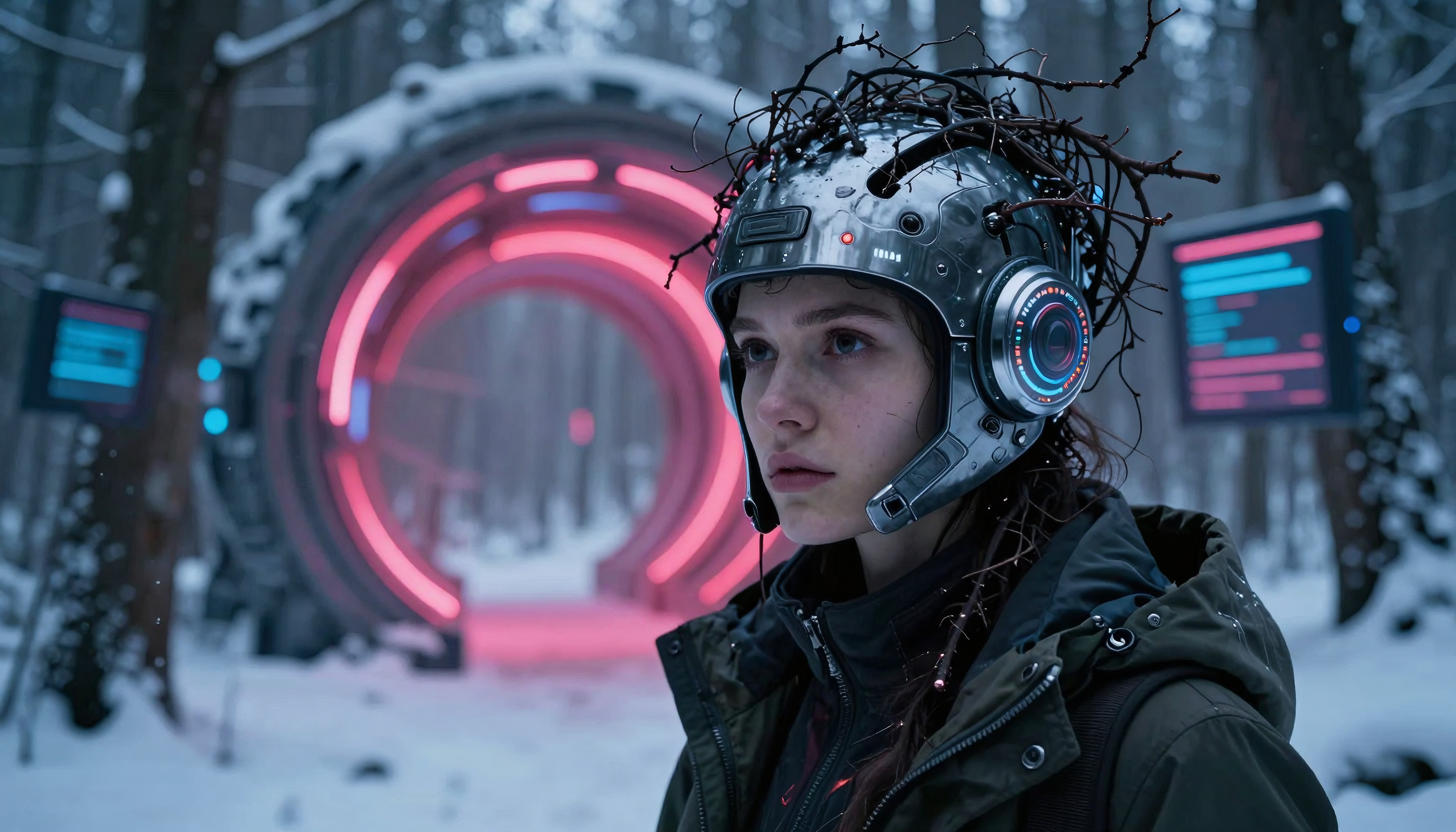 A young person wearing a high-tech helmet stands in a snowy forest, facing a glowing futuristic portal.