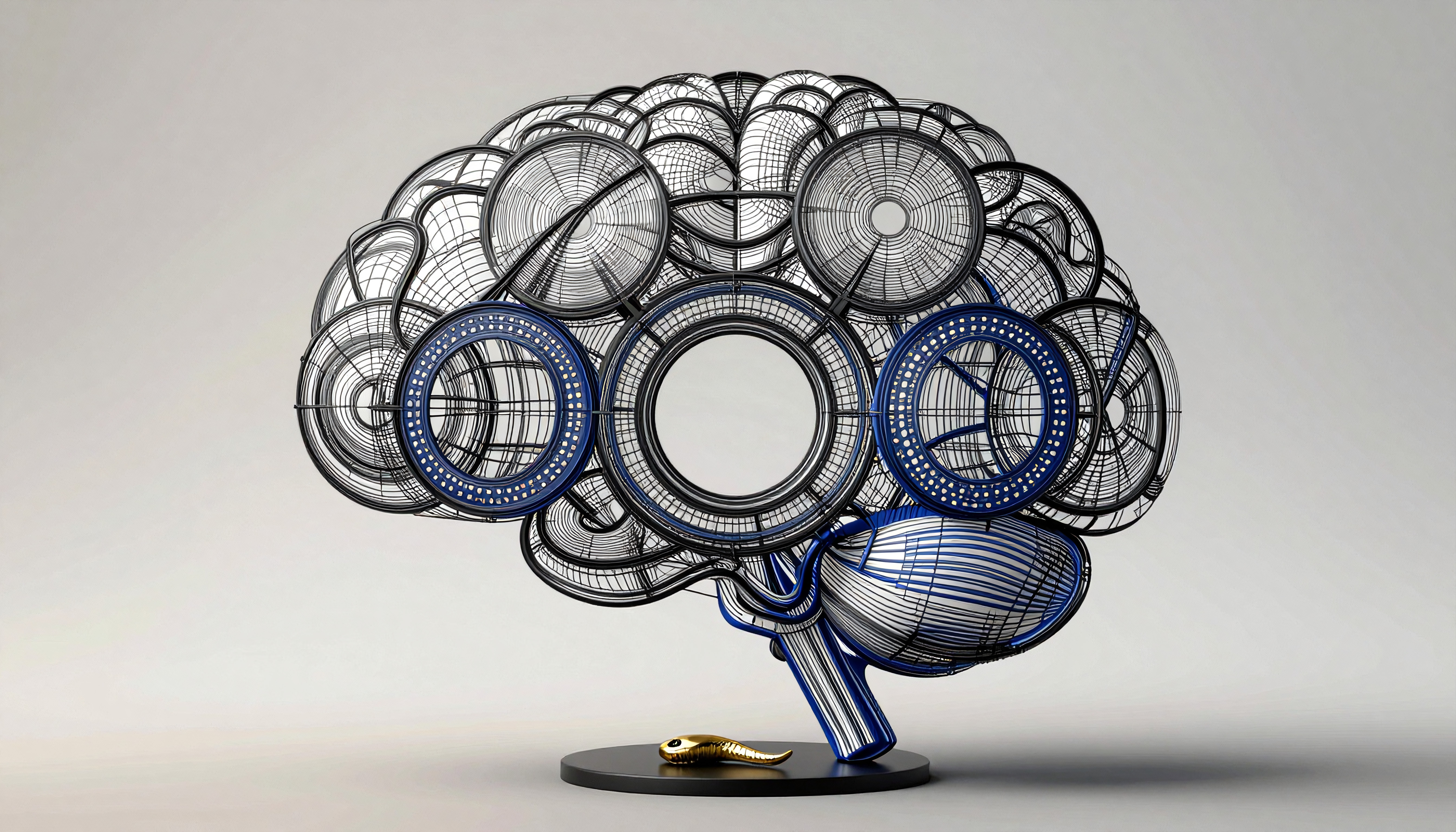 An abstract wireframe sculpture resembling a human brain with circular designs, in black and blue colors, resting on a black base with a golden object in front.