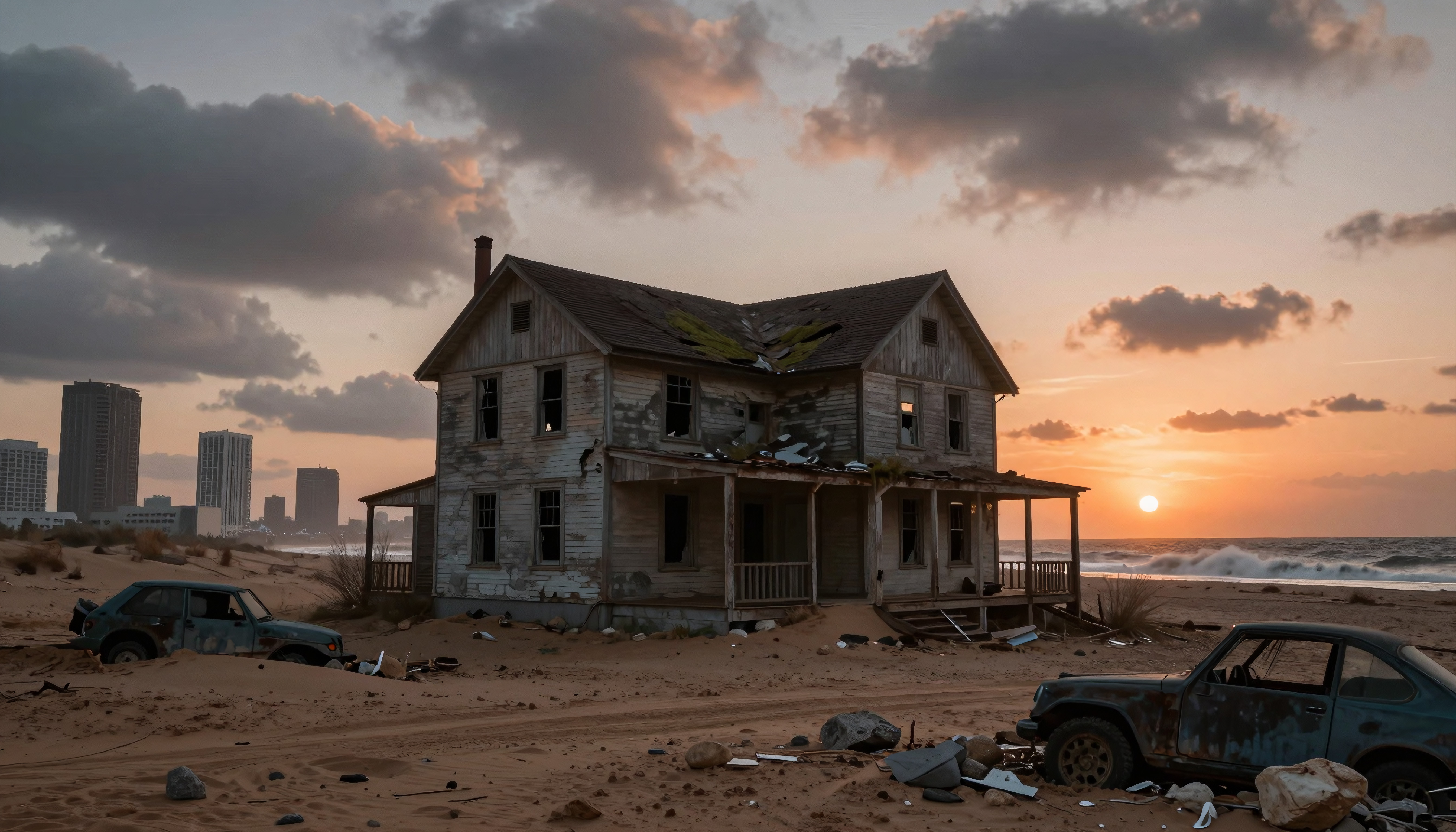 Abandoned beach house at sunset with rusted cars and ocean background.