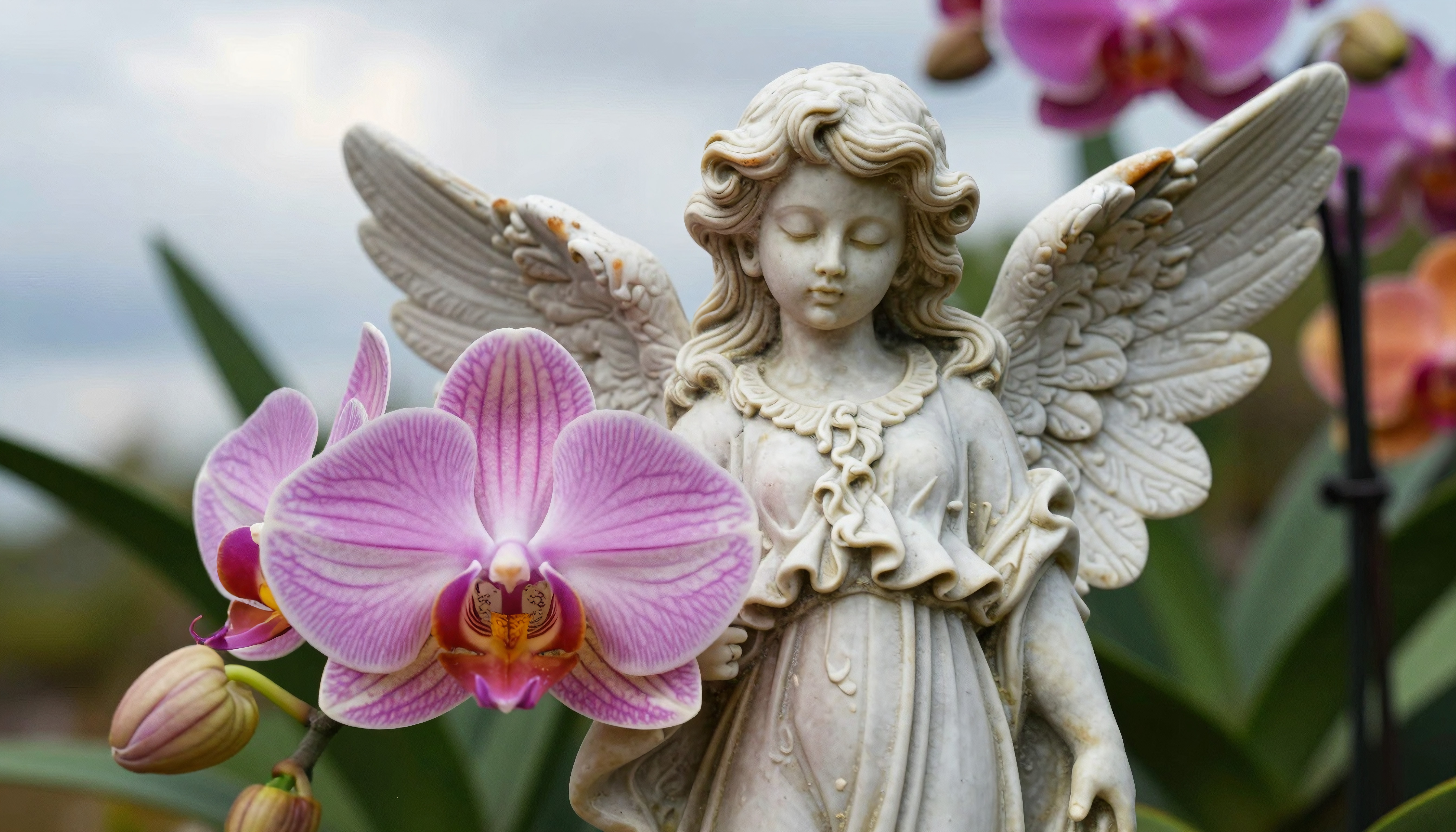 A marble angel statue with intricately detailed wings is surrounded by vibrant pink orchids, creating a serene and harmonious garden scene.