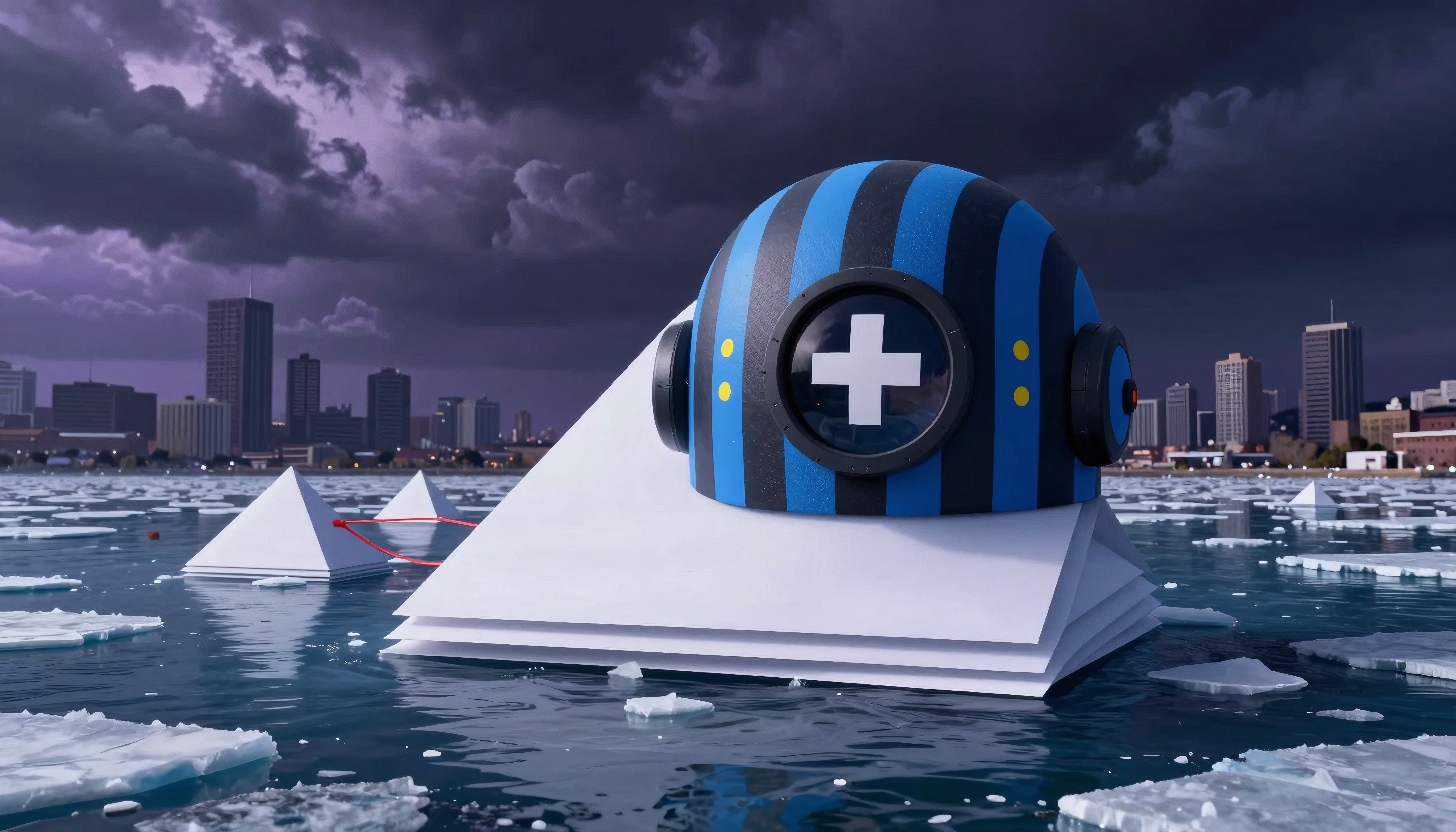 A futuristic urban landscape with abstract geometric structures and floating ice.