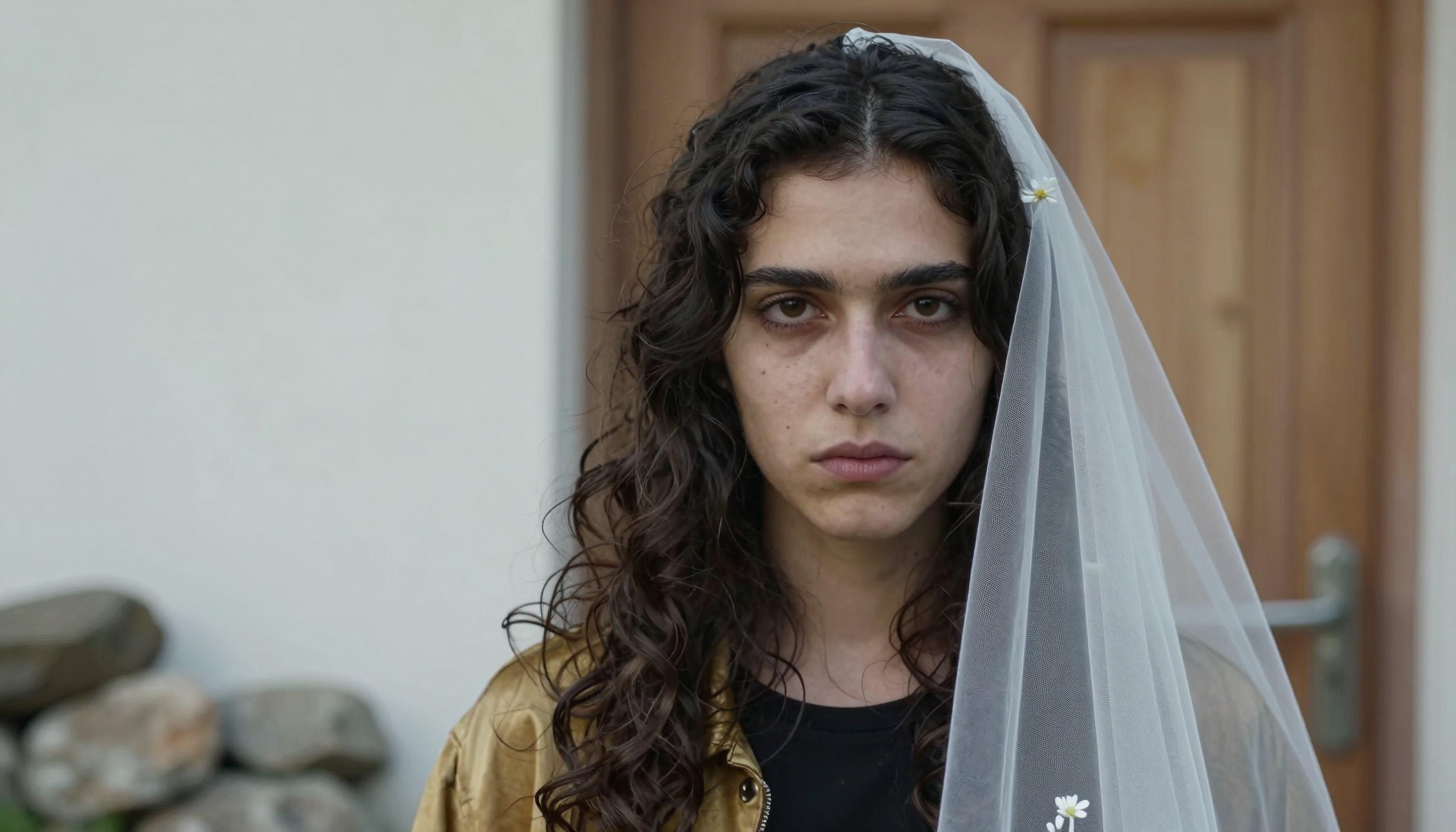 A young woman with curly hair and a flower-adorned veil stands in front of a wooden door, combining traditional and modern styles.