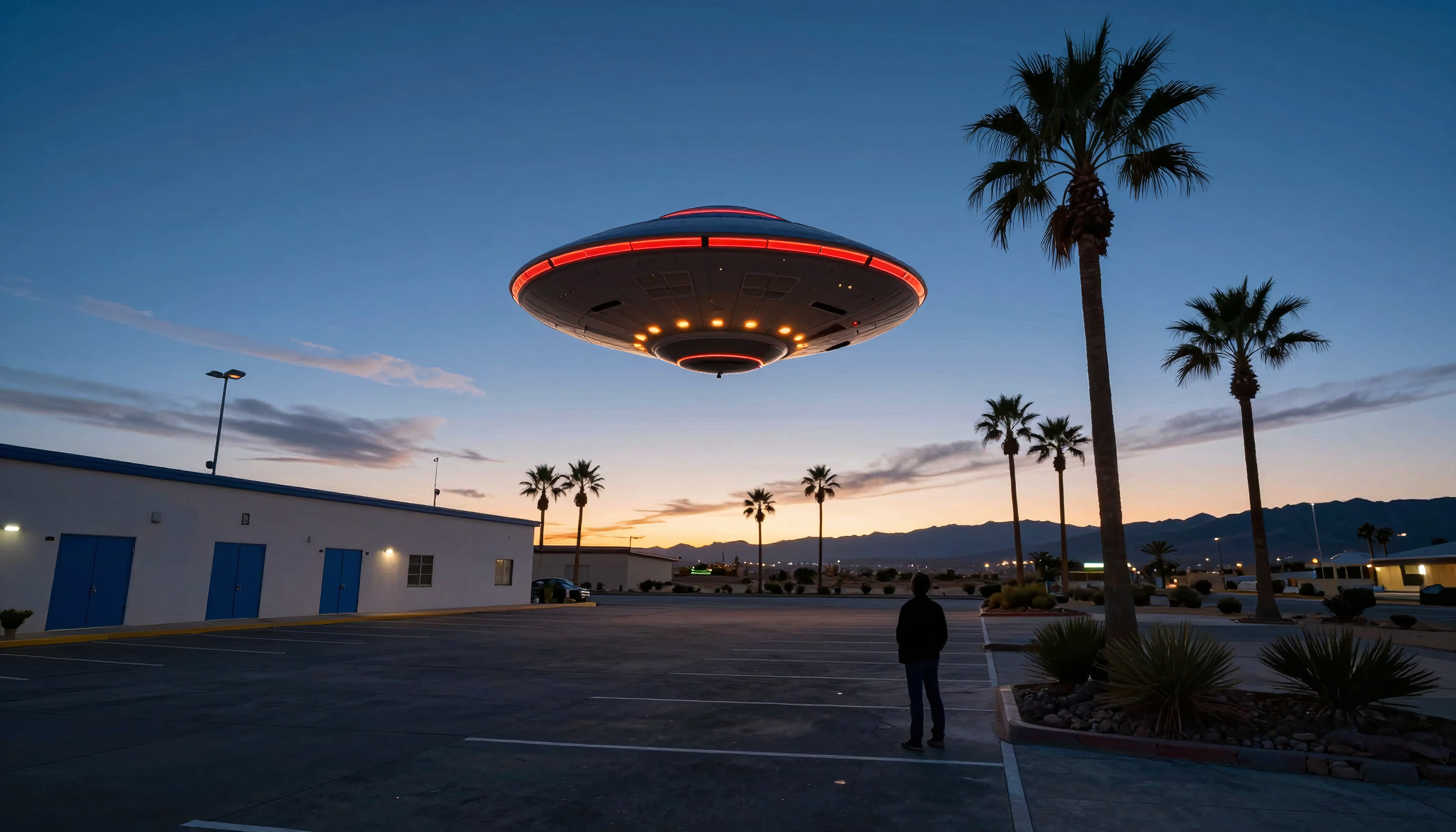 A large UFO hovers over a twilight parking lot with palm trees and silhouetted figure, creating a mysterious scene.