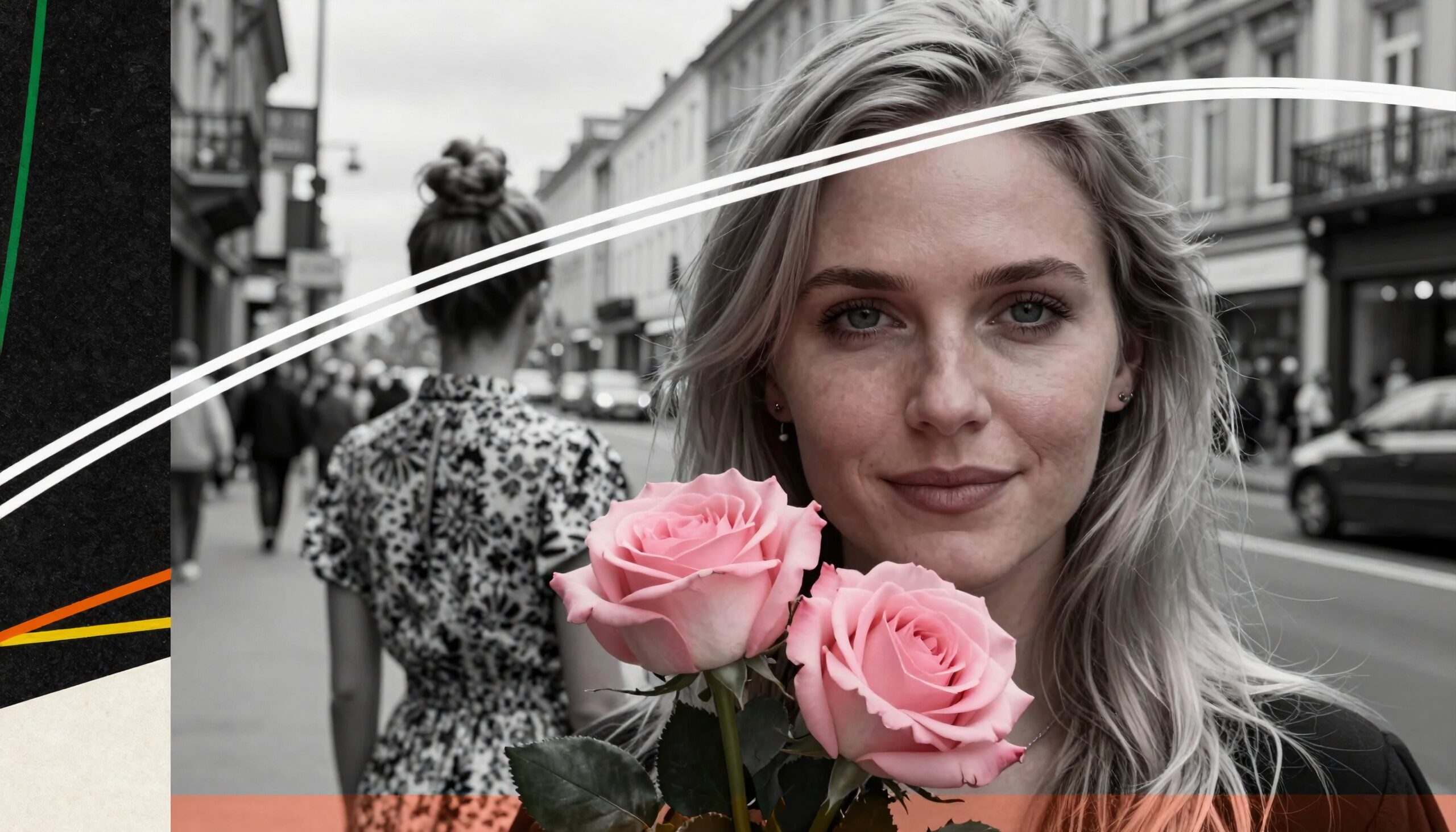 Portrait of a woman holding pink roses on a busy city street with monochrome contrast and artistic overlay.
