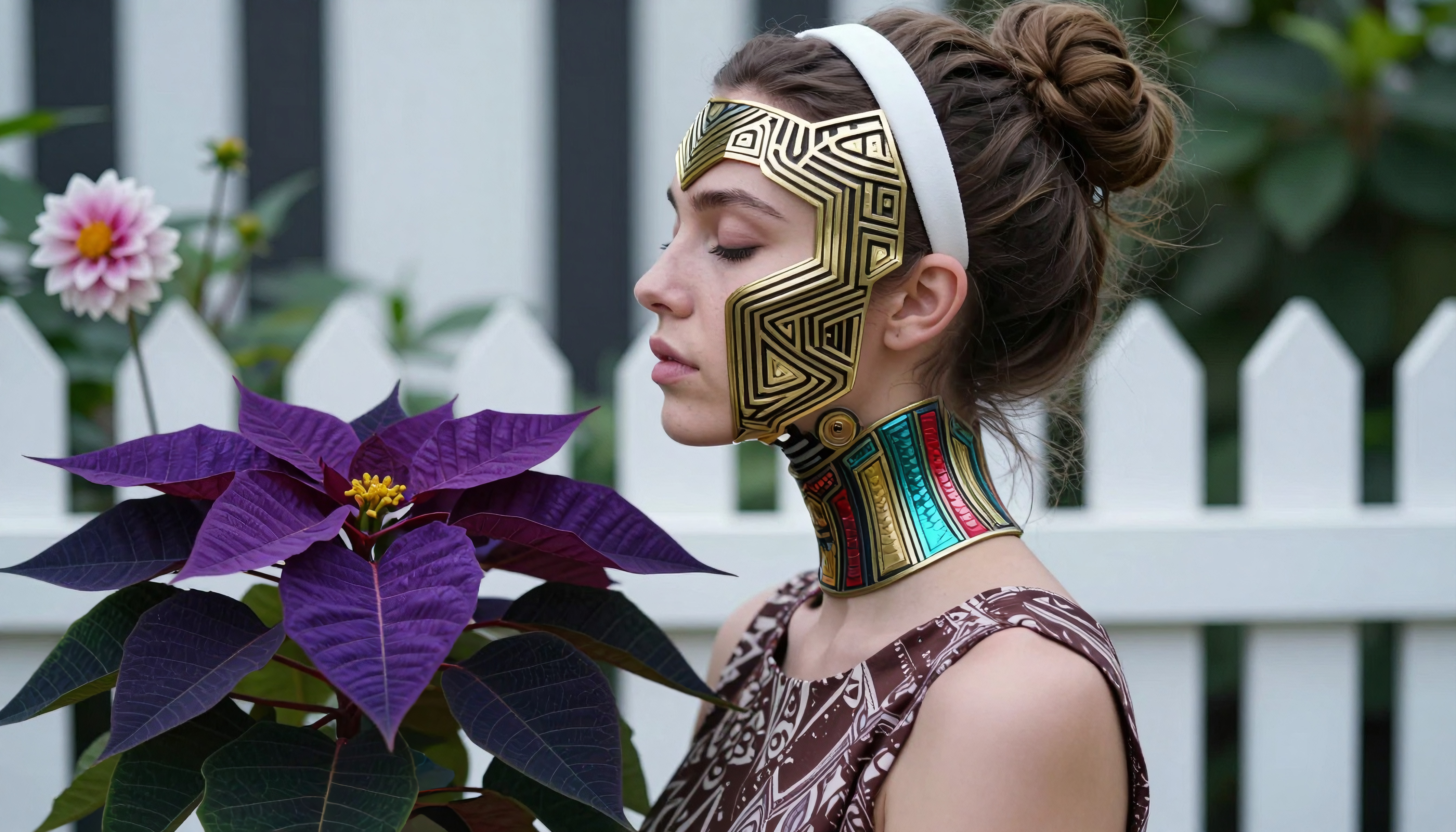A woman with a geometric mask admires a purple poinsettia.