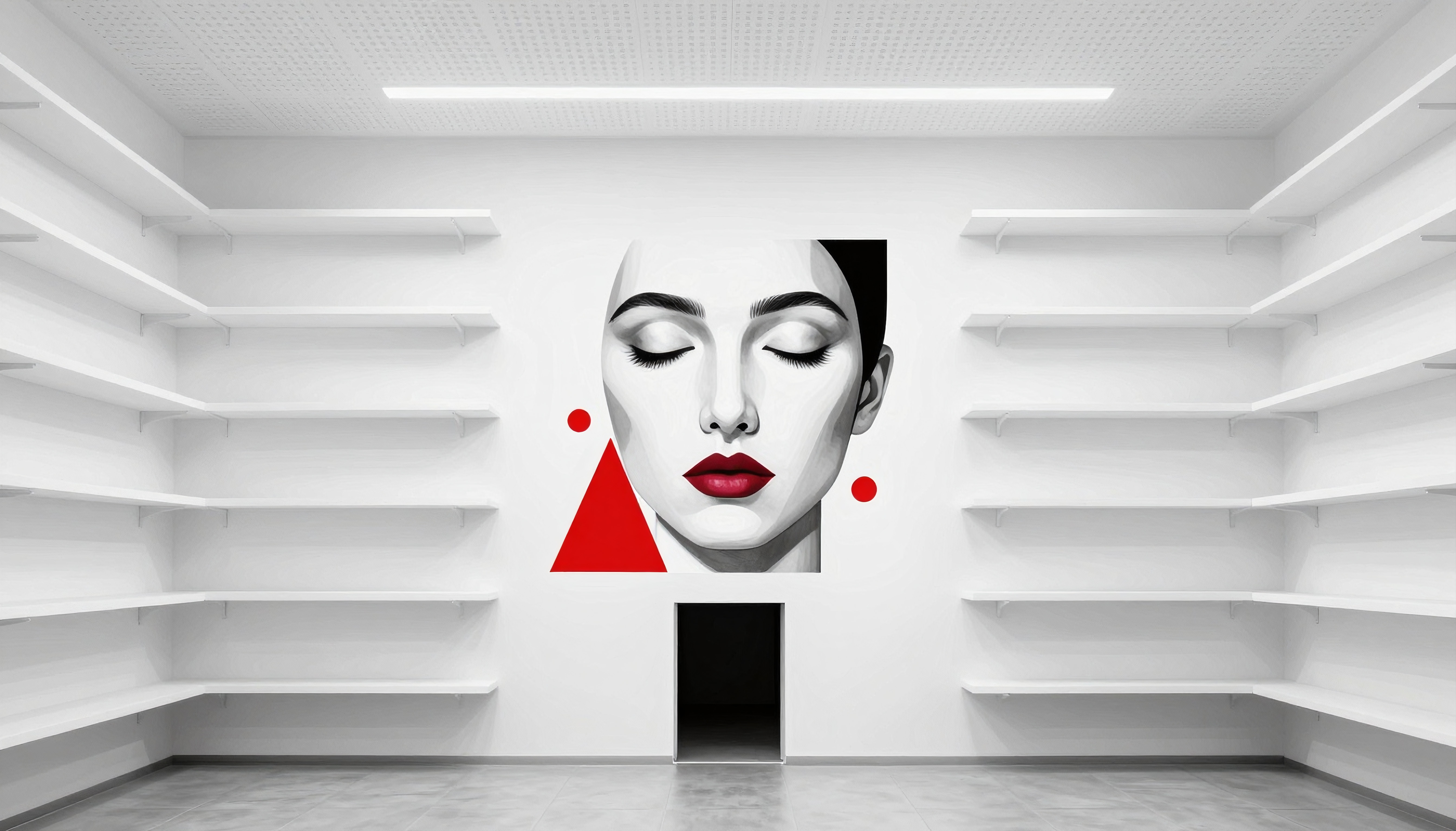 A minimalist room with shelves and a striking mural of a woman's face and red geometric shapes.