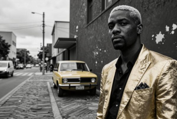 Man wearing a gold jacket on a city street.