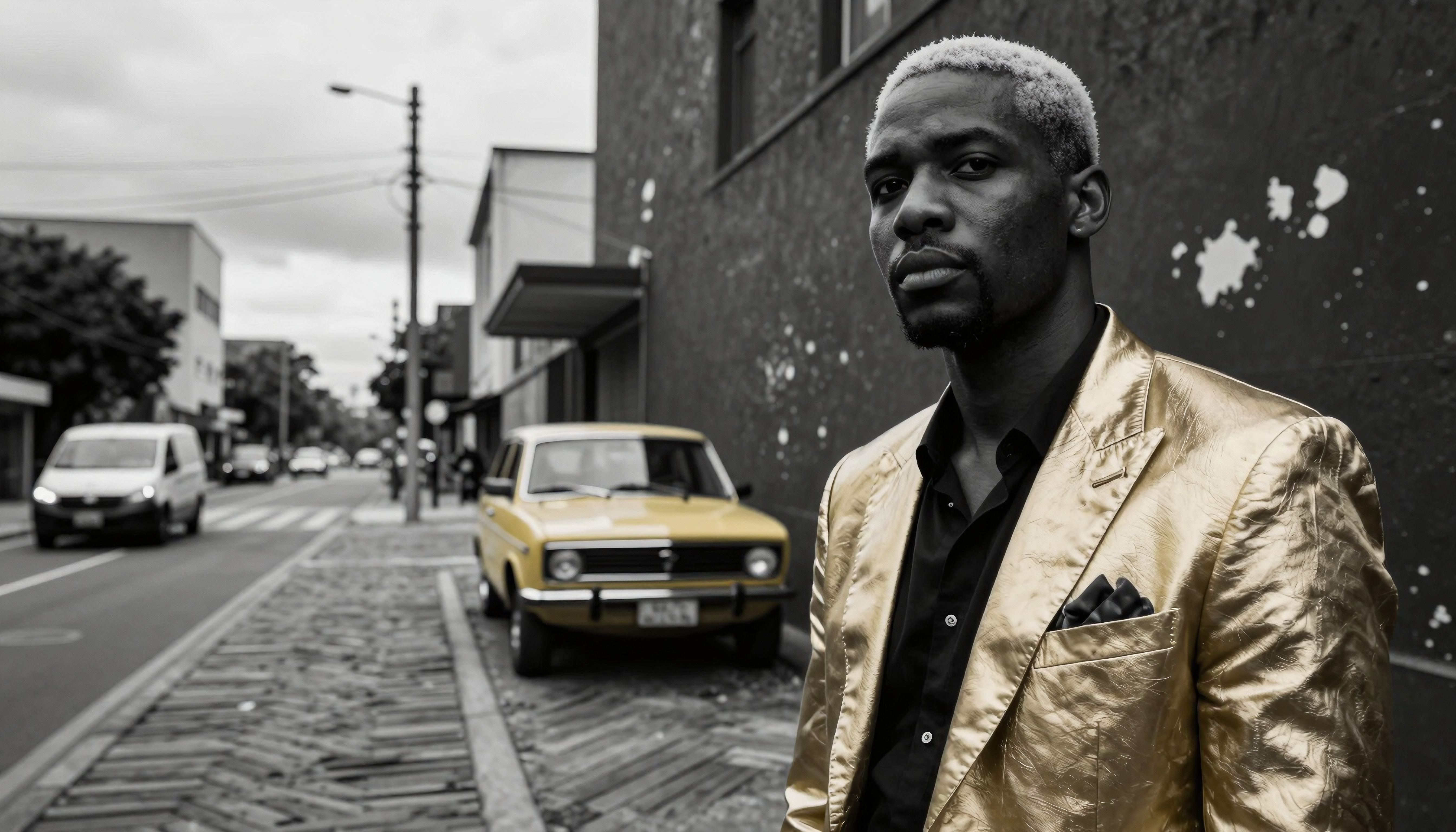 A stylish man in a golden suit stands by a vintage yellow car on an urban street.