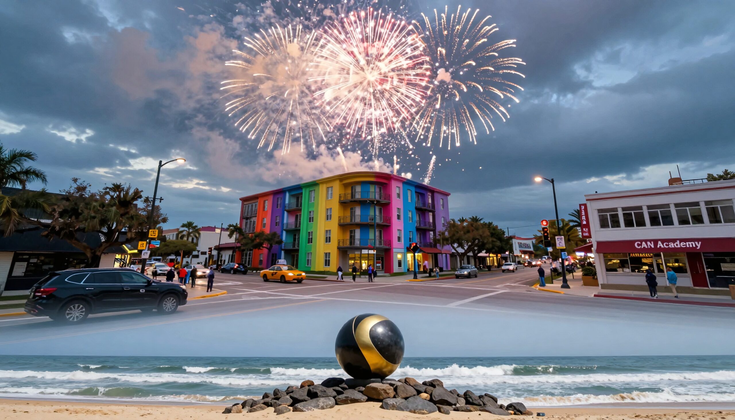 Vibrant rainbow building with fireworks overhead, contrasting with a dramatic evening sky and beach sculpture.
