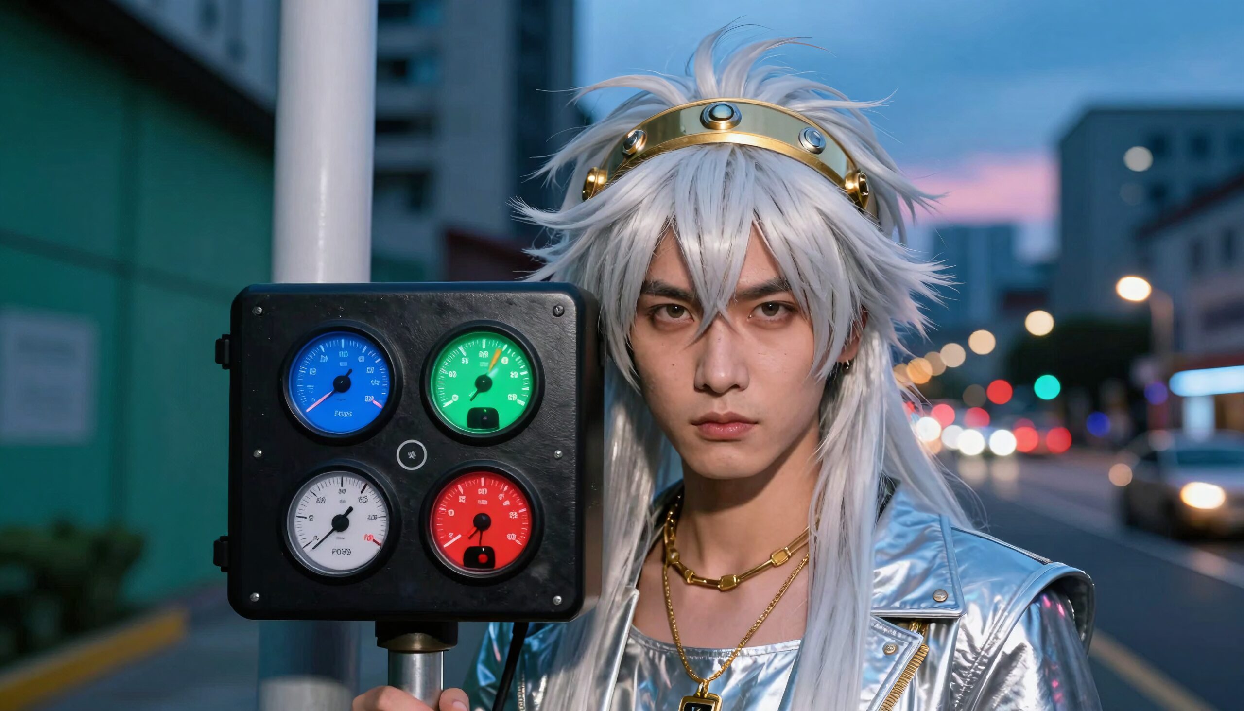 A person in futuristic cosplay stands outdoors at twilight with a shiny outfit and a device; bokeh city lights in background.