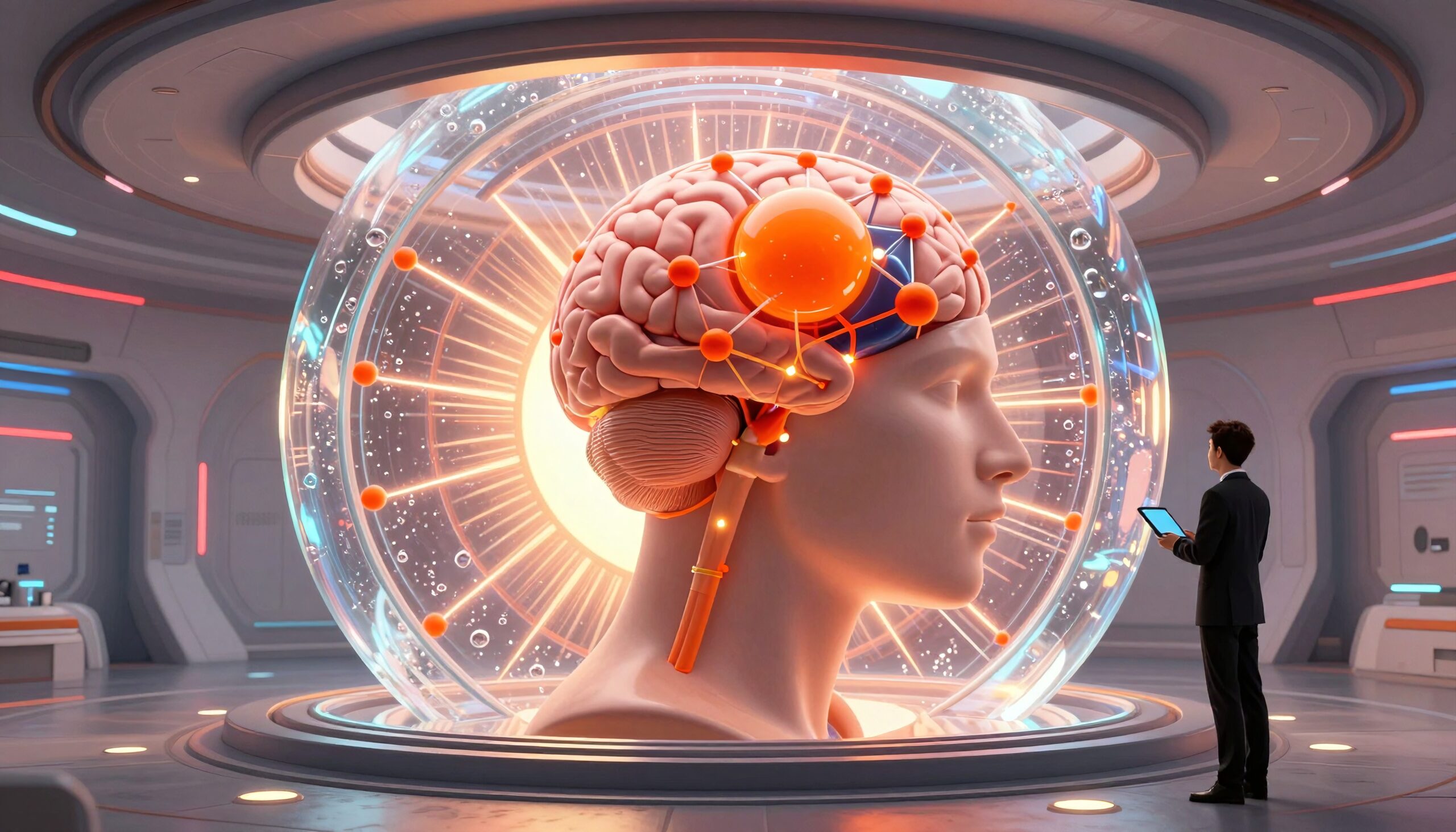 Detailed model of human brain in futuristic laboratory with digital analysis.