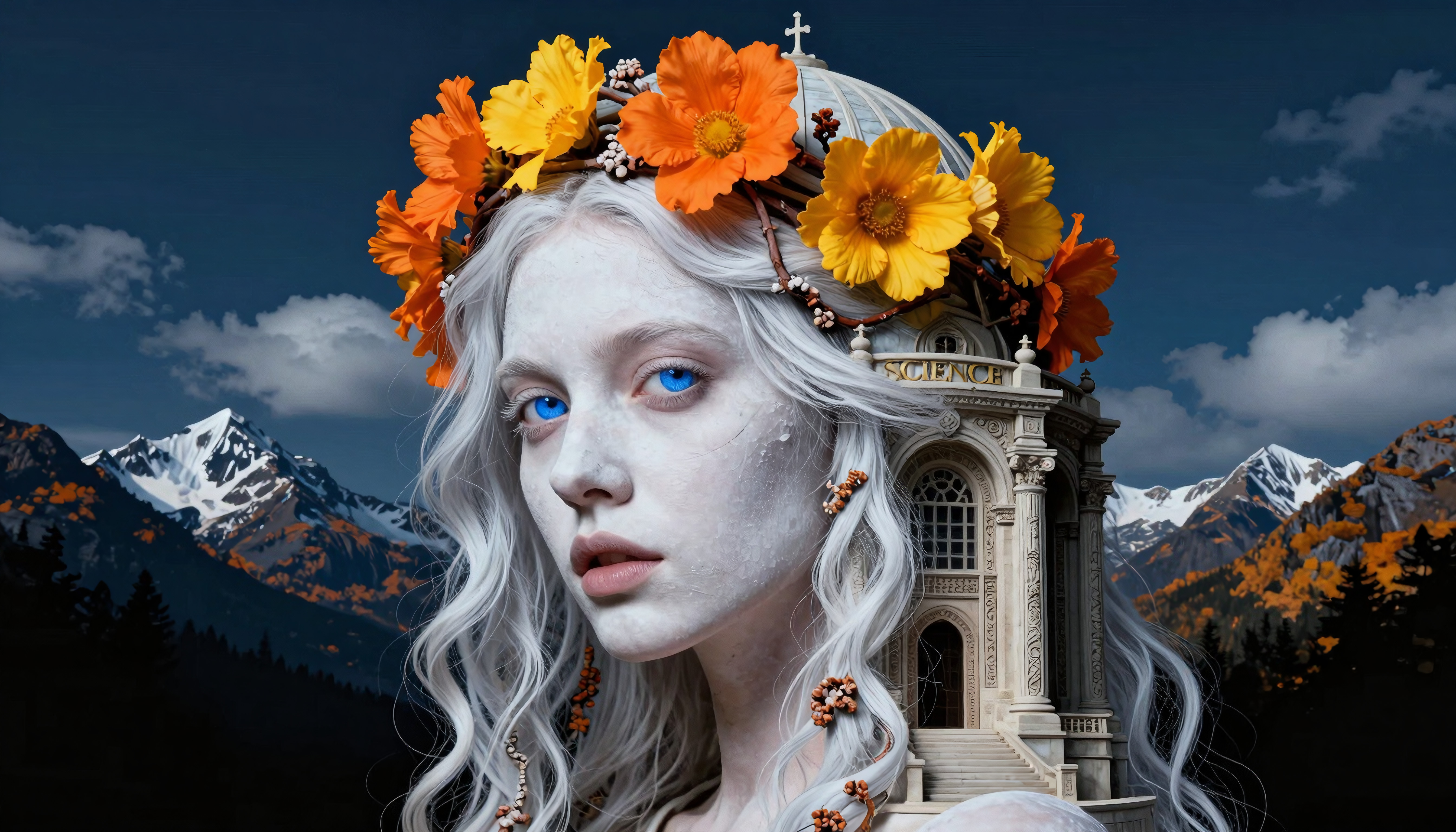 A mystical woman with a floral crown and vibrant eyes, set against a backdrop of majestic mountains and classical architecture.
