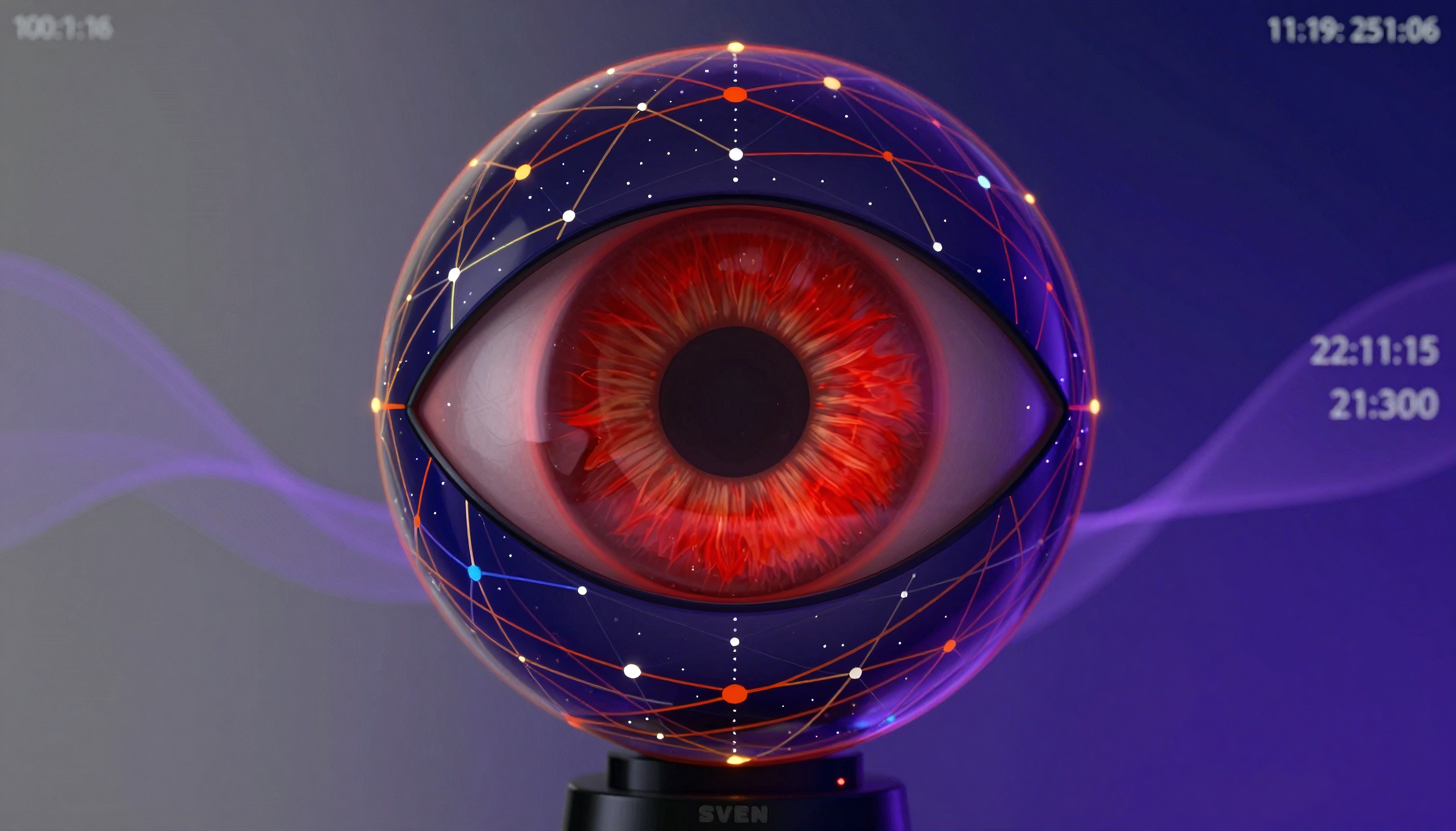 A digital eye surrounded by intricate lines and dots, set against a purple and blue gradient.