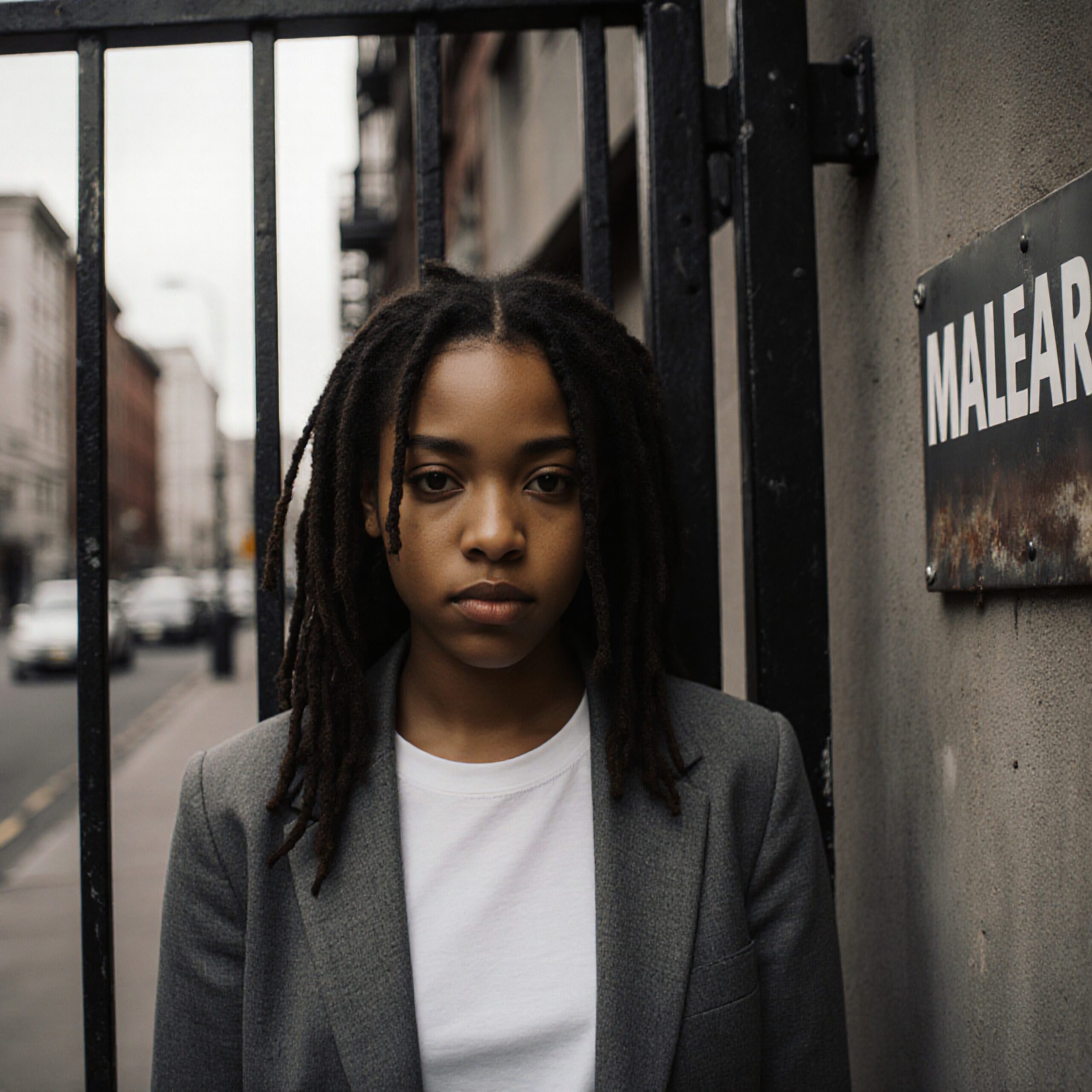 A serious young person with dreadlocks stands in a city street against an iron fence, wearing a grey blazer and white shirt.