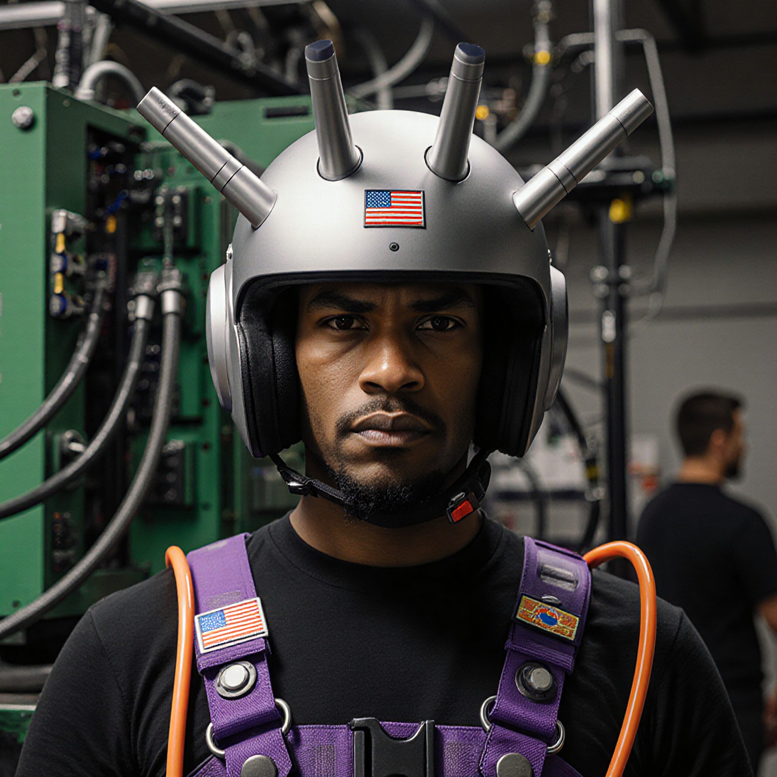 A person wearing a futuristic helmet with antenna extensions stands in a high-tech laboratory environment.
