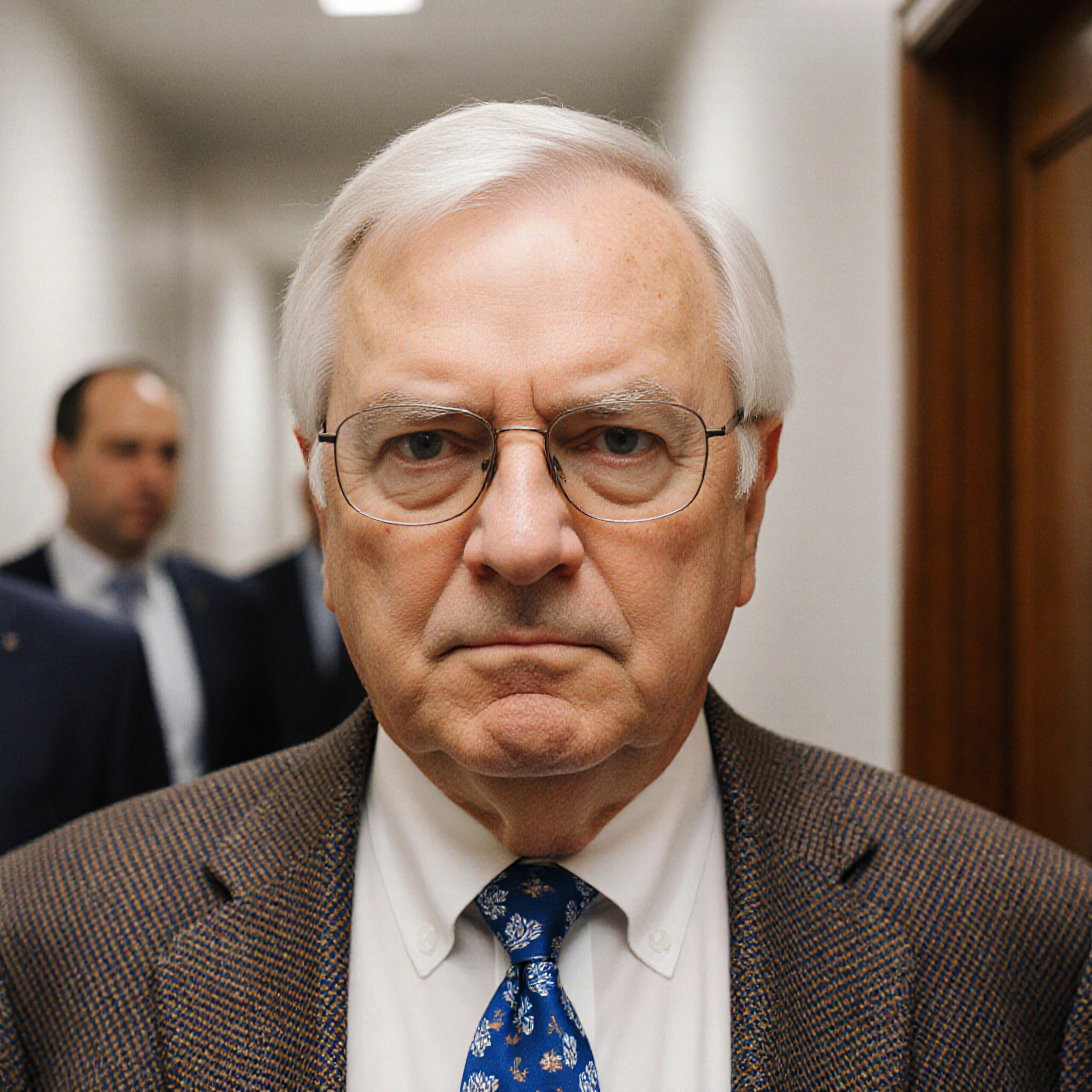 Portrait of an elderly man with glasses wearing a suit and tie, standing in a hallway.
