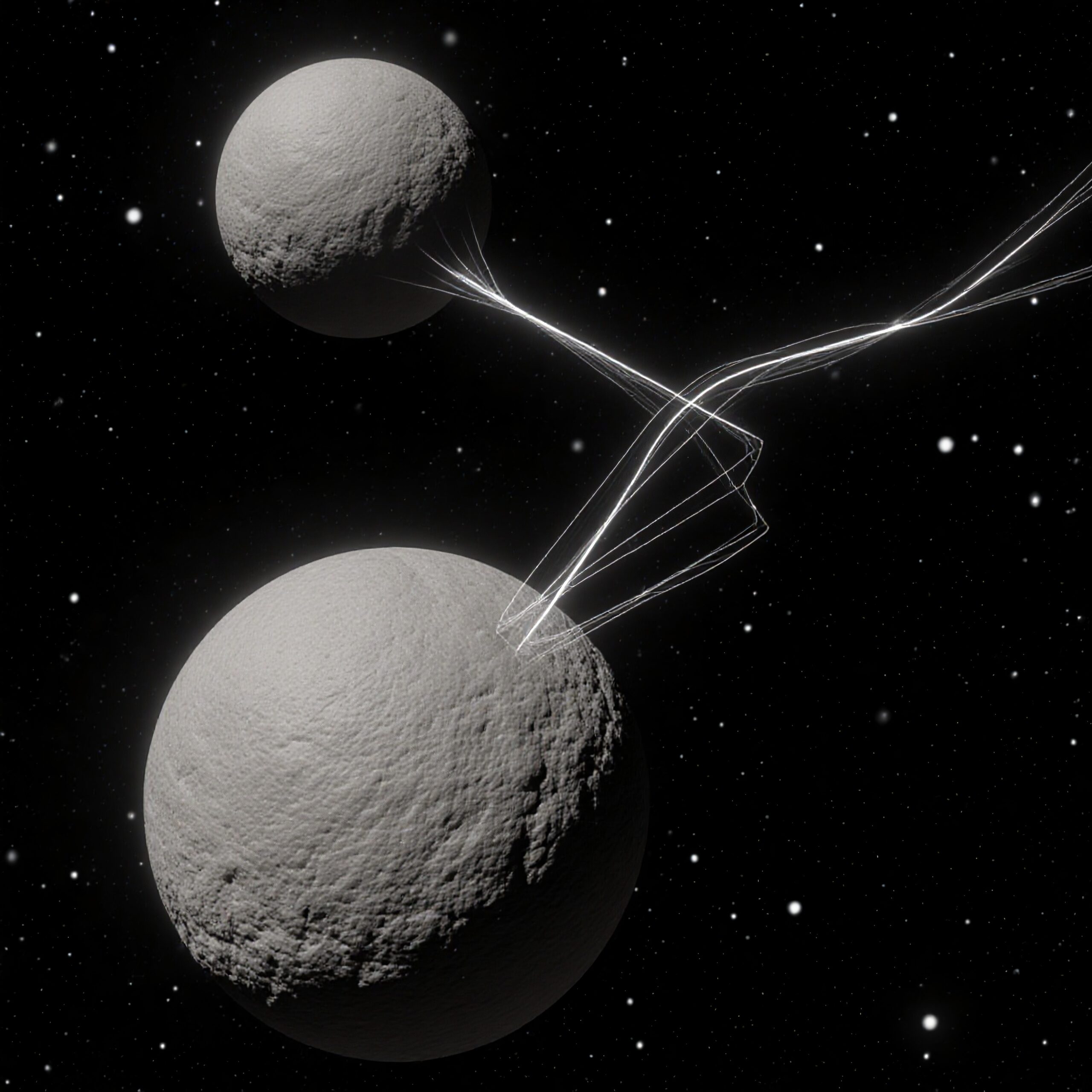 A cosmic scene with two moons linked by bright lines, set against a starry sky.