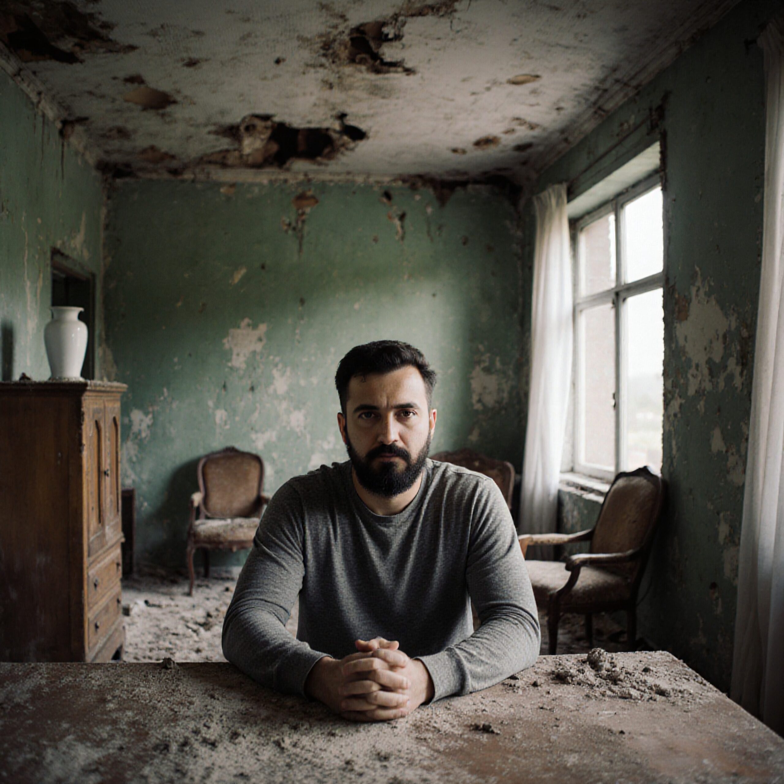 A man sits at a dusty table in a deteriorating, vintage room with peeling green walls and soft, natural light.