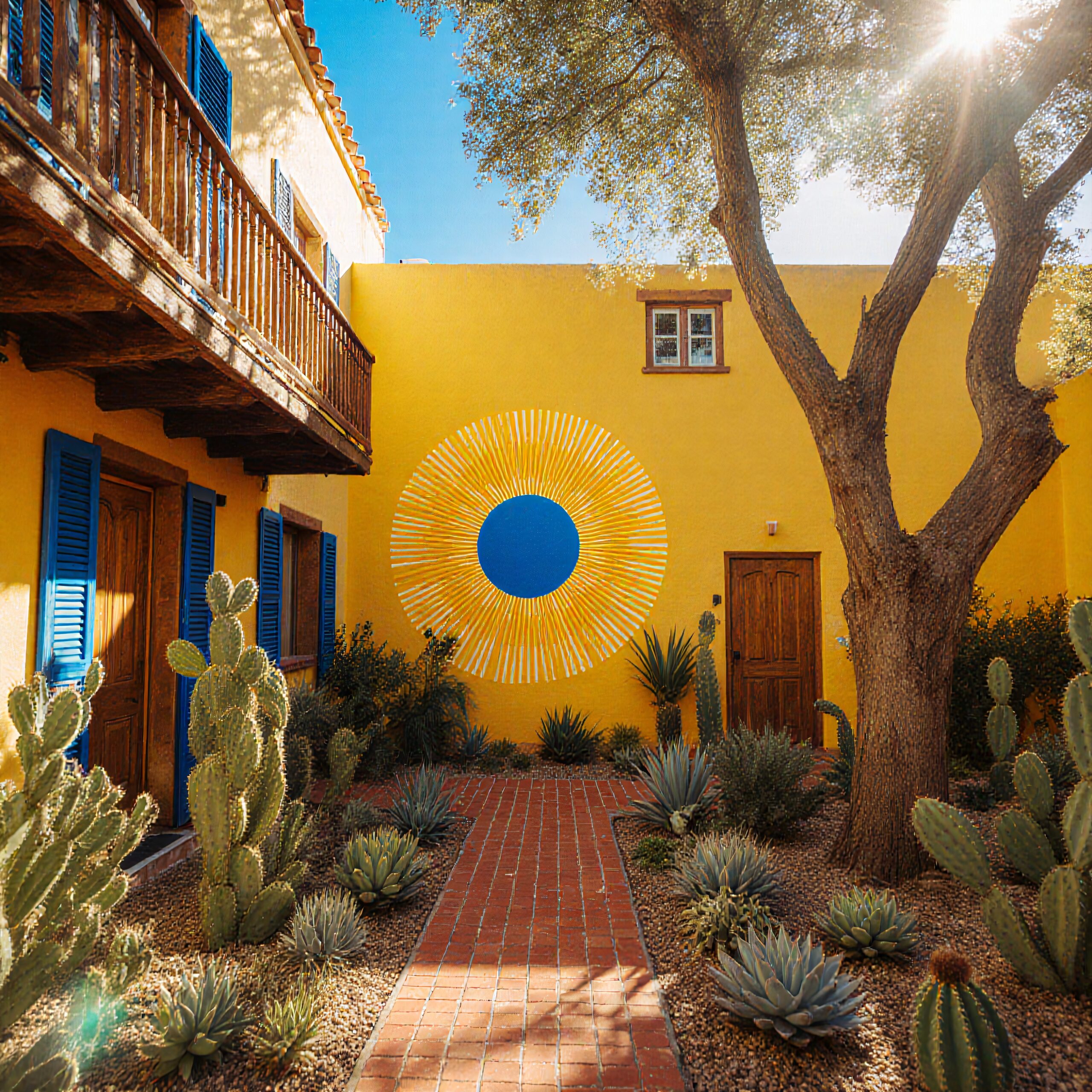 Vibrant courtyard with sunburst mural.