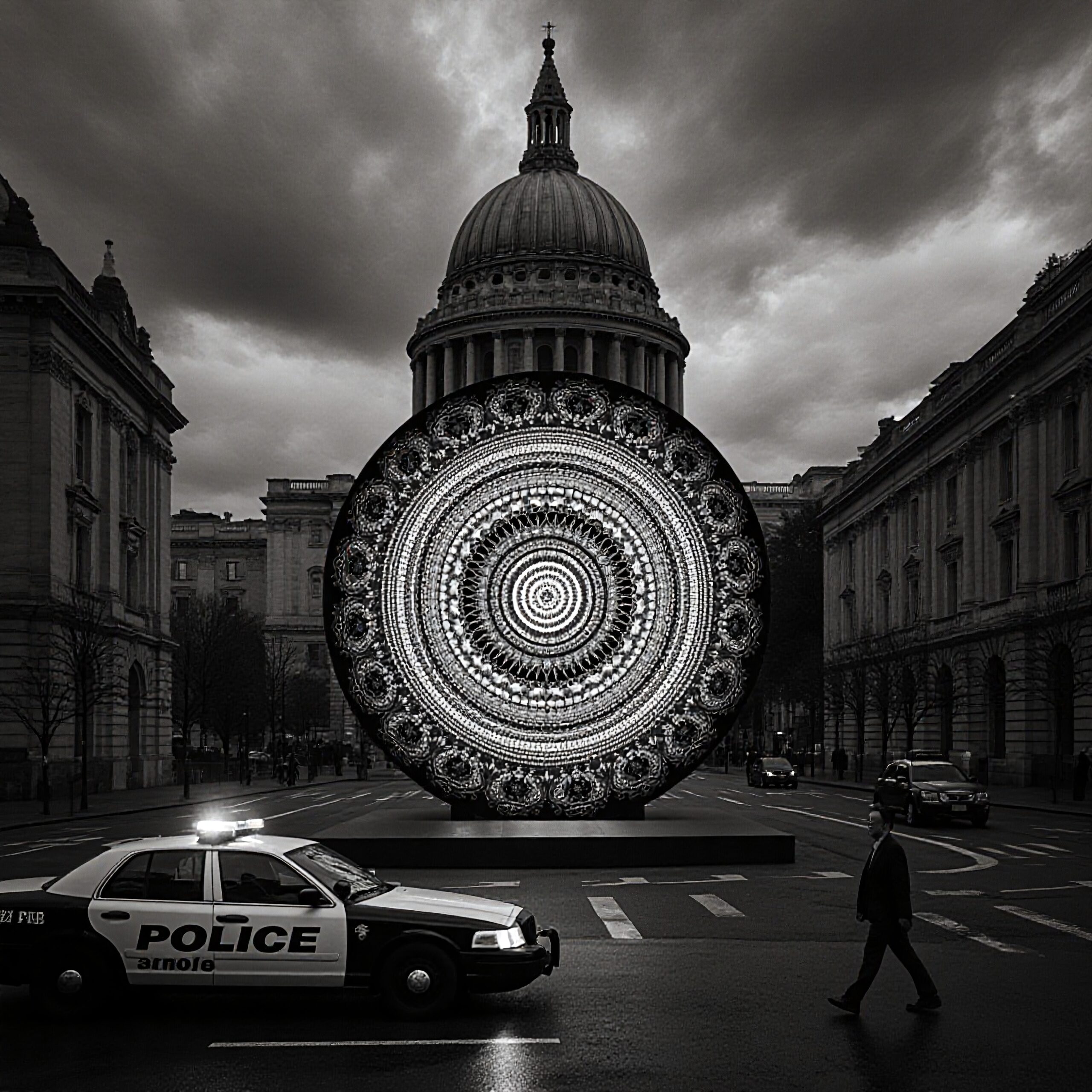 An intricate mandala pattern contrasts against a historic urban backdrop with a police car and pedestrian.