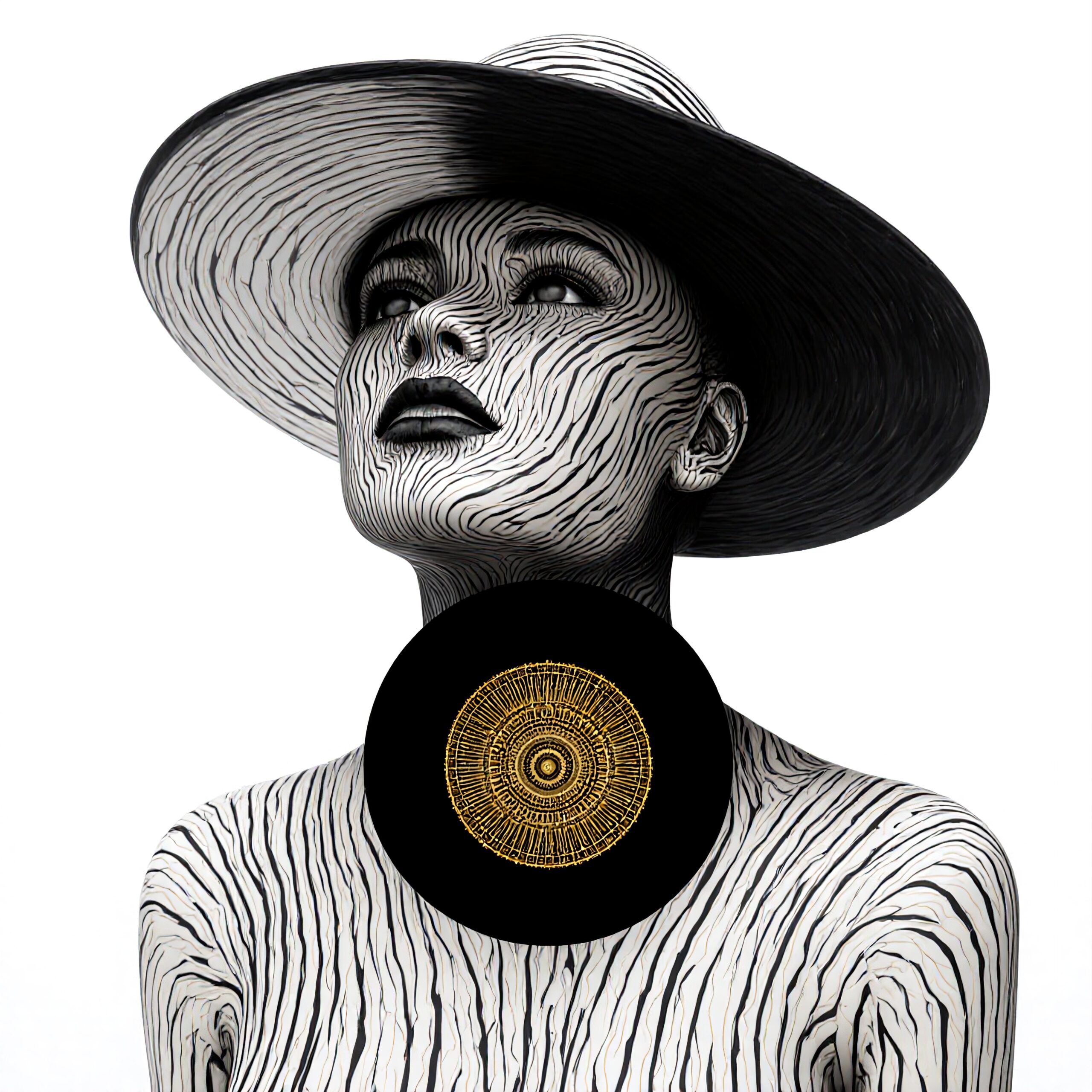 A woman with artistic black and white lines, gold circular design.