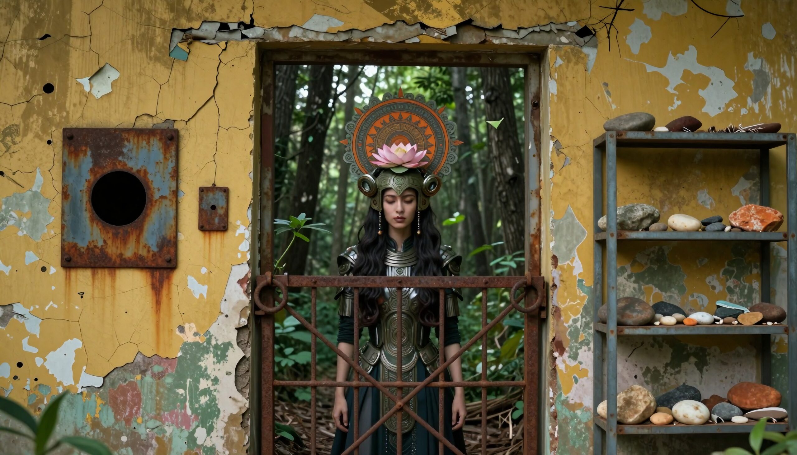 A mystical figure in ornate attire, featuring a lotus headdress, stands in a decaying structure at the forest's edge.