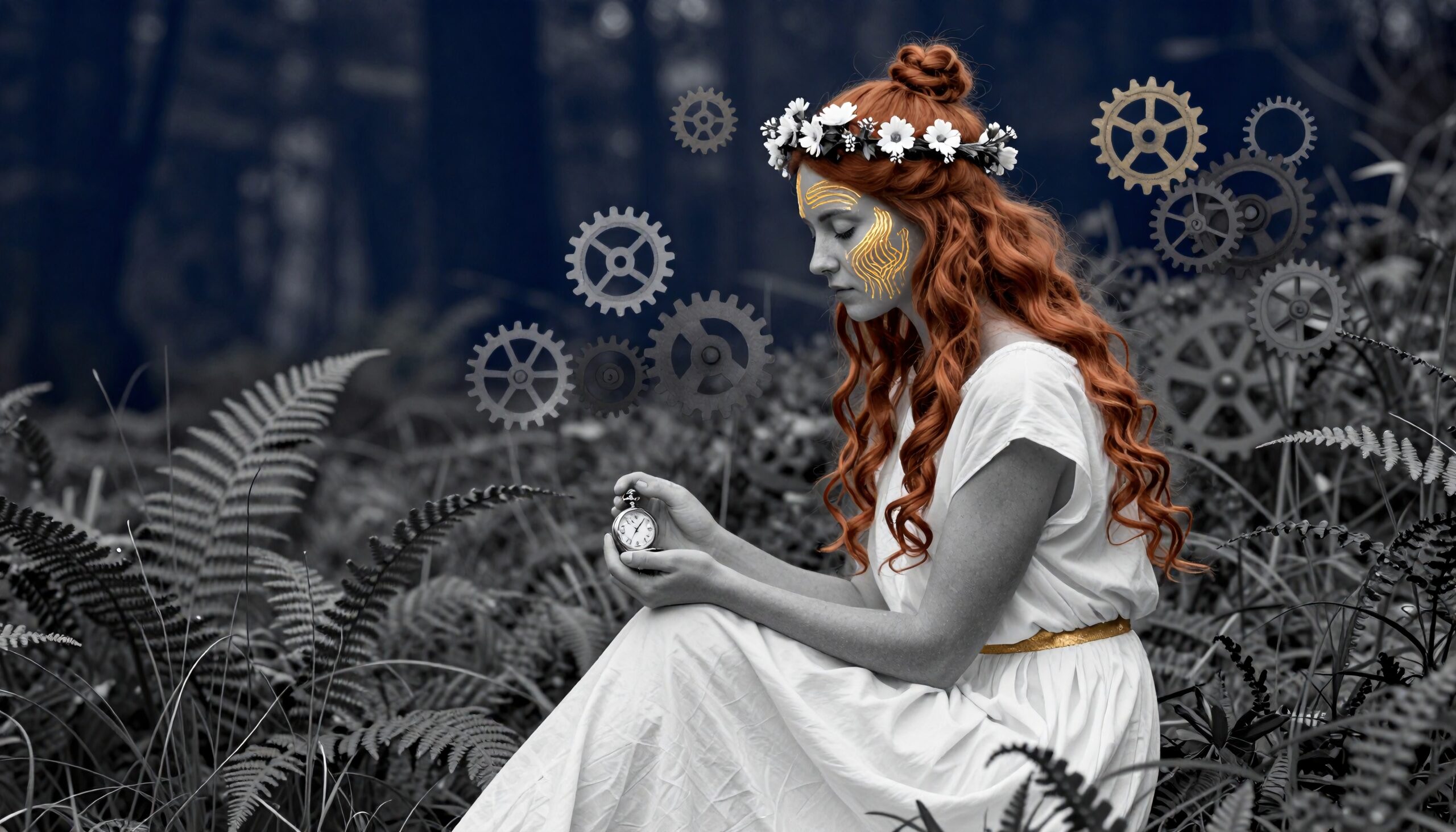 Red-haired woman in mystical forest, holding watch with gears.