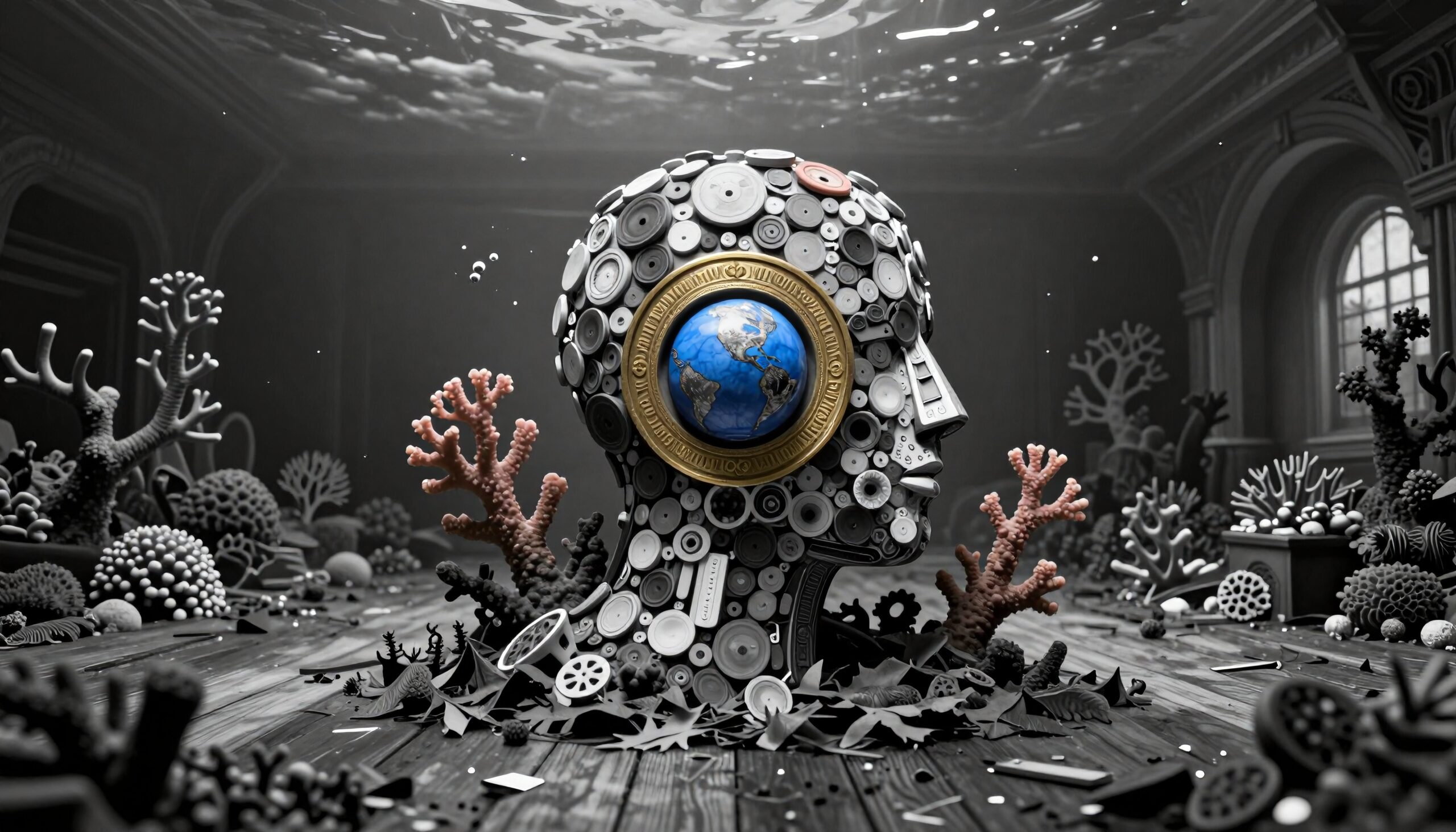 Sculpture of a mechanical head with a globe in an underwater environment, showcasing the fusion of nature and technology.