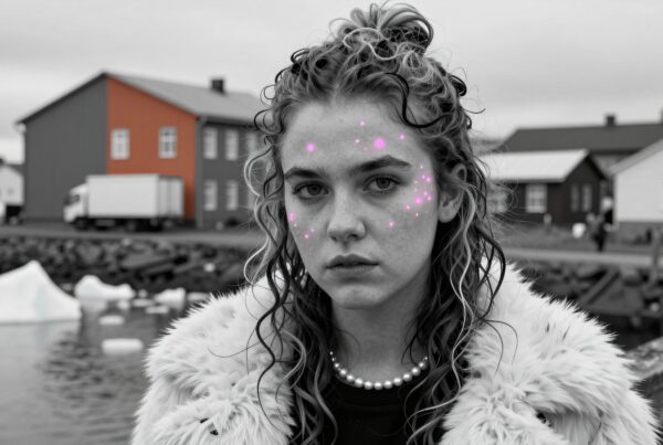 A young woman in a fluffy coat with pink face dots stands in a coastal town with icebergs and muted buildings in the background.