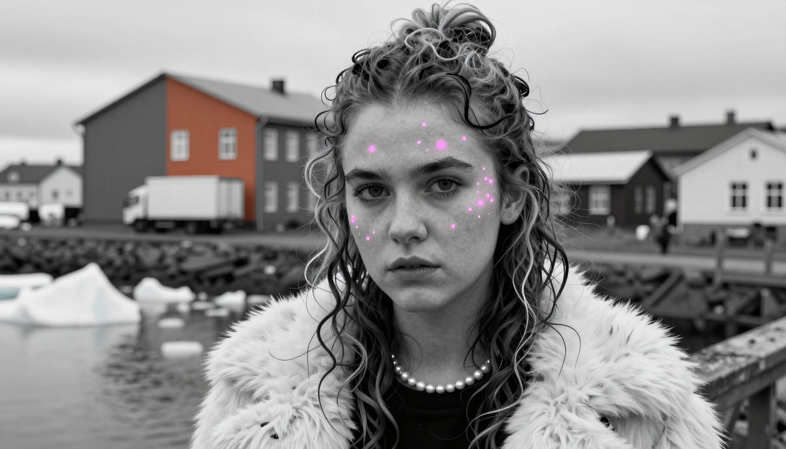 A young woman in a fluffy coat with pink face dots stands in a coastal town with icebergs and muted buildings in the background.