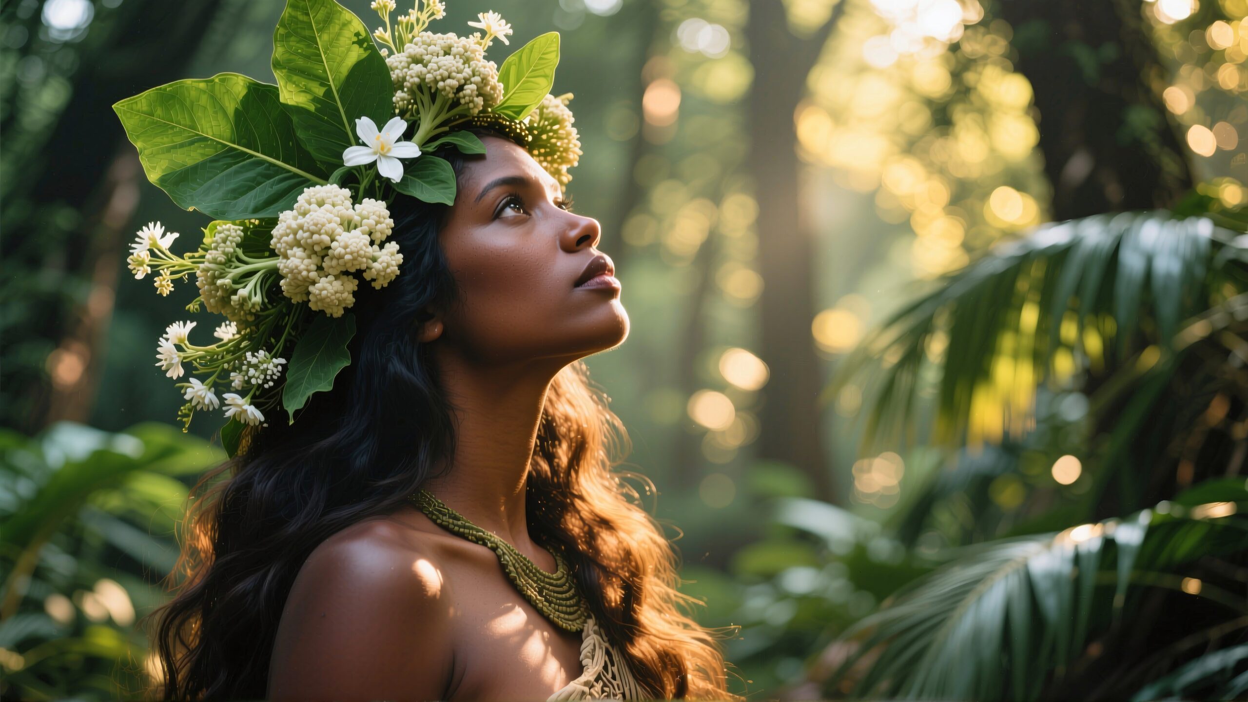 A woman adorned with flowers stands in a sunlit forest, evoking nature's tranquility.