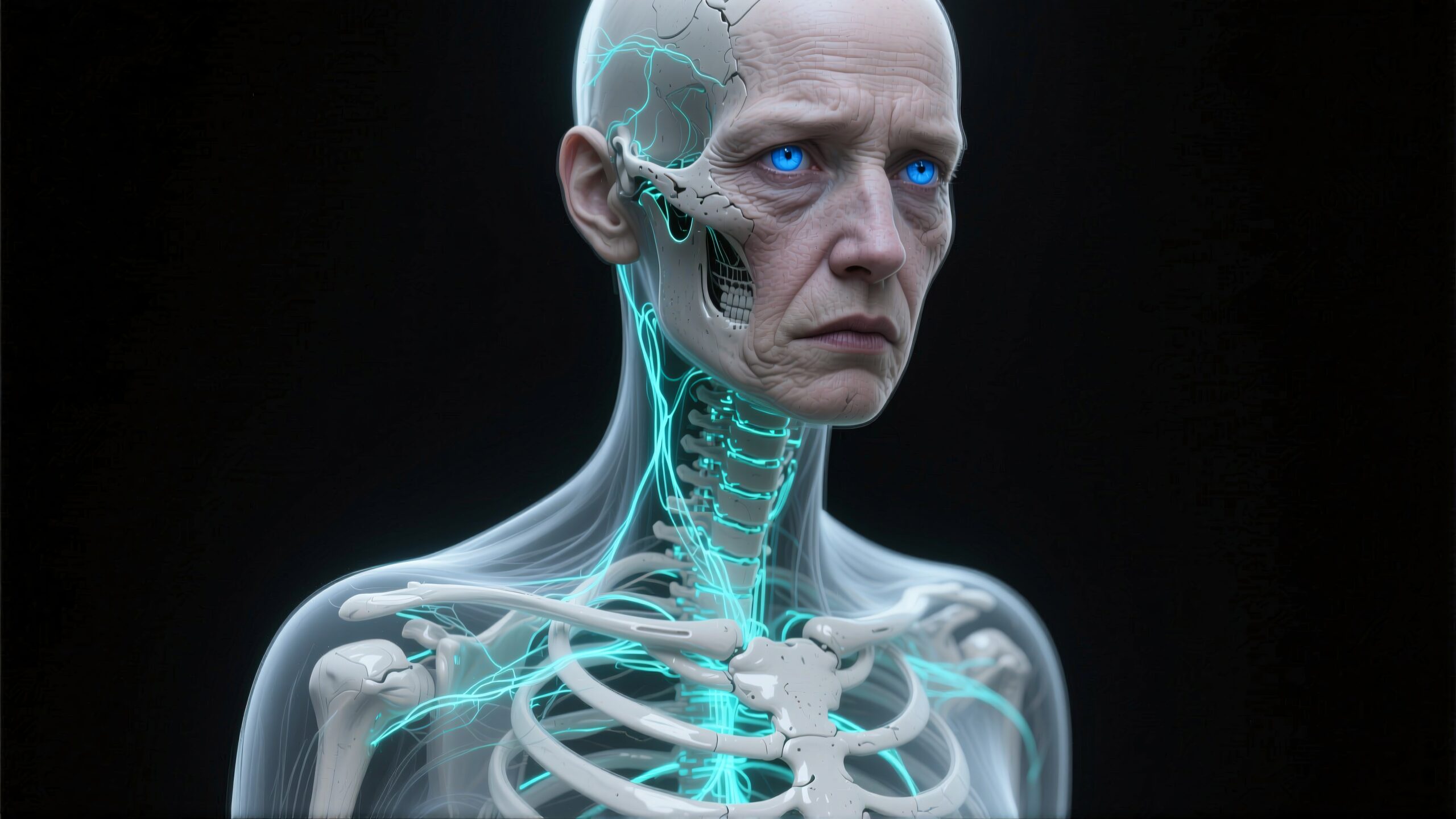 A detailed digital illustration of a humanoid cyborg with glowing blue eyes and visible mechanical anatomy.