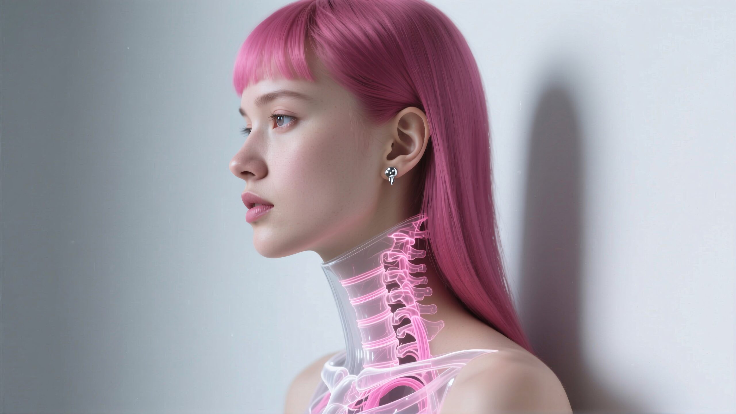 A modern portrait of a pink-haired woman with glowing anatomical features.