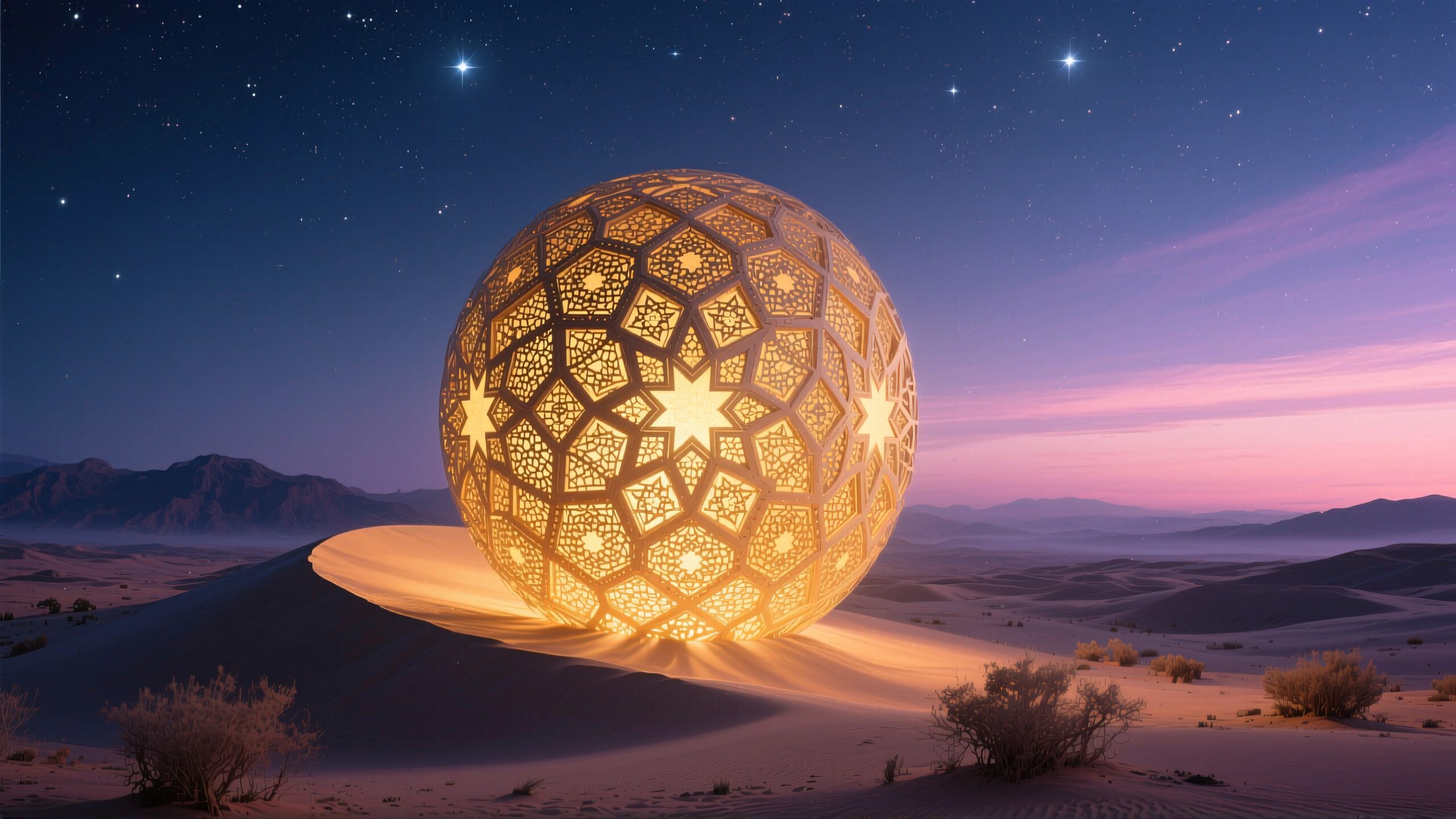 Illuminated patterned sphere in a desert landscape at twilight.