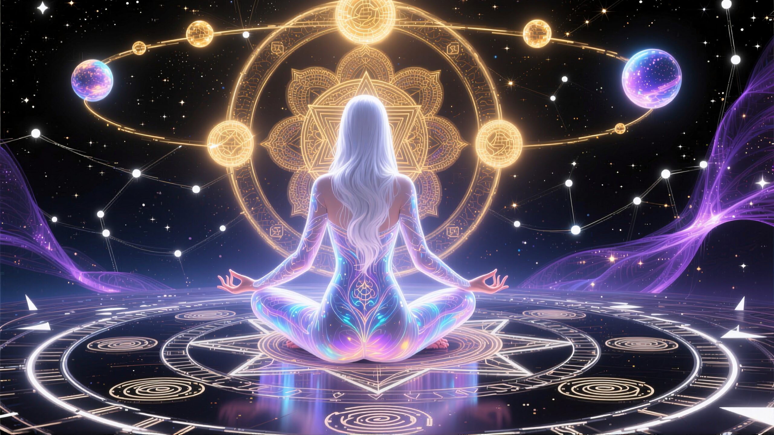 A figure meditates amidst celestial orbits, glowing patterns, and a radiant mandala in a cosmic setting.