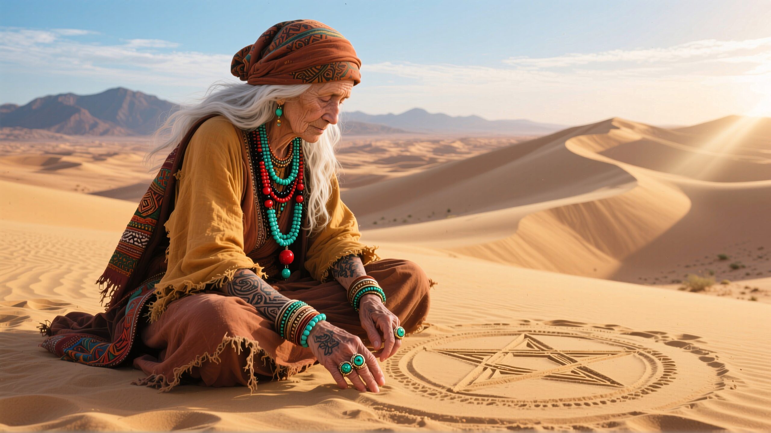 An elderly woman performs a ritual in a breathtaking desert landscape at sunset.