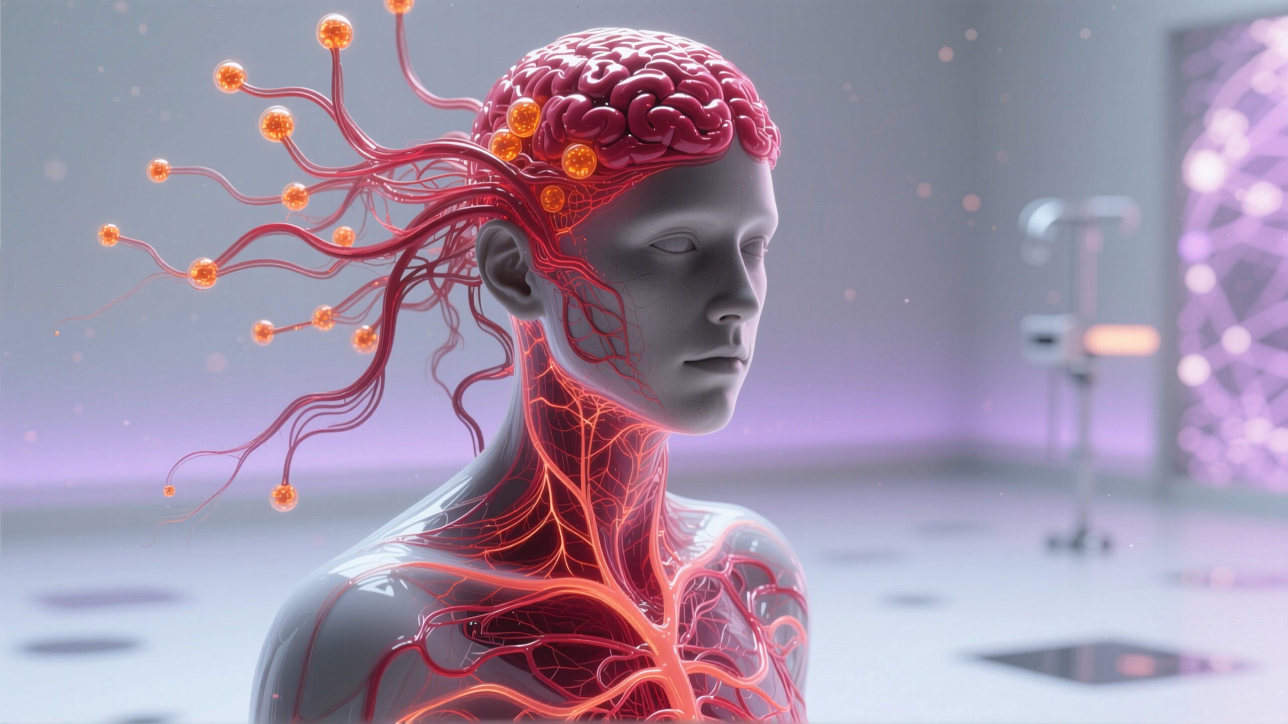 Futuristic rendition of human anatomy showing neural connections and brain.