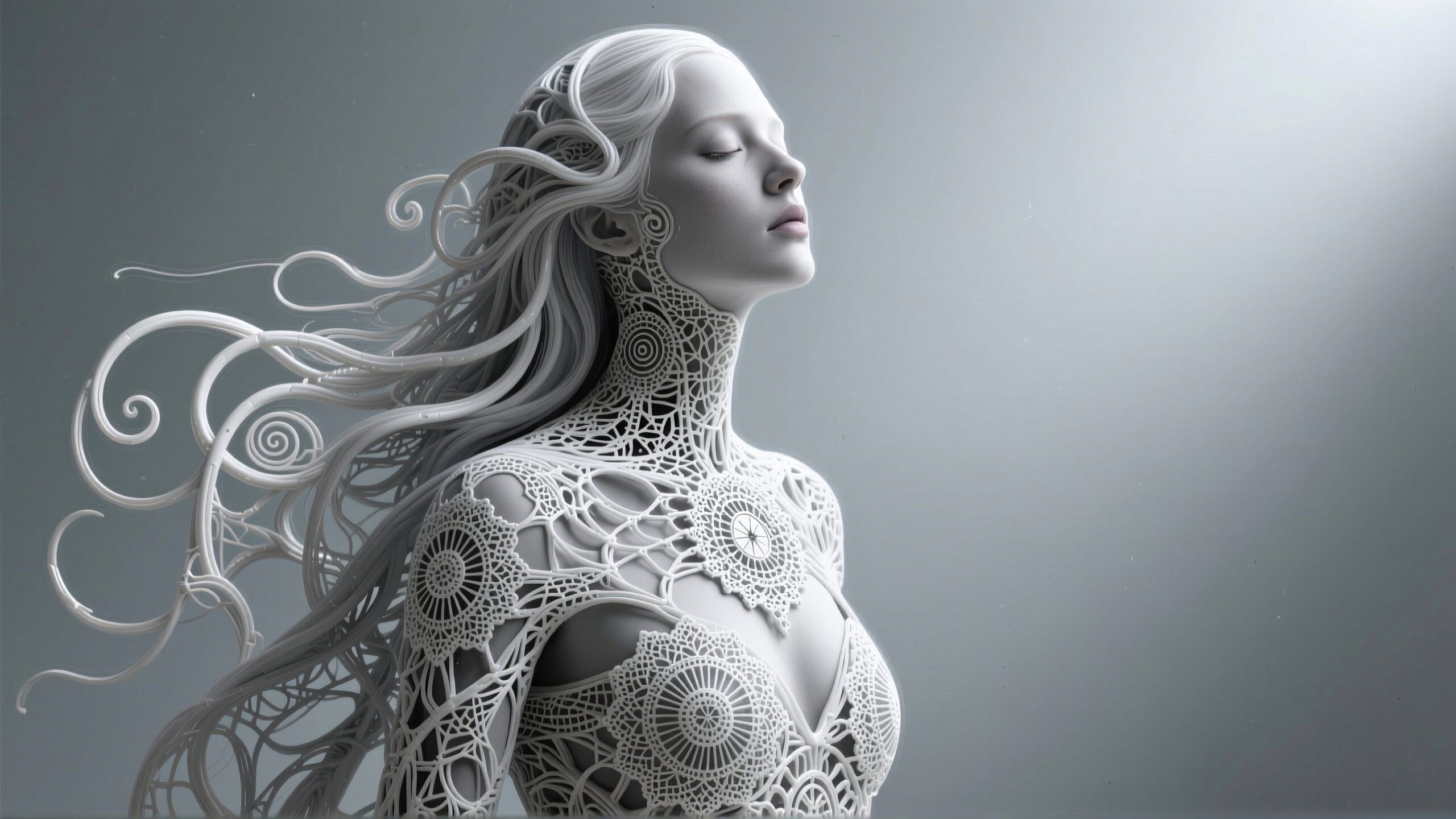 A serene figure adorned in intricate lace-like patterns with flowing hair and an ethereal ambiance.