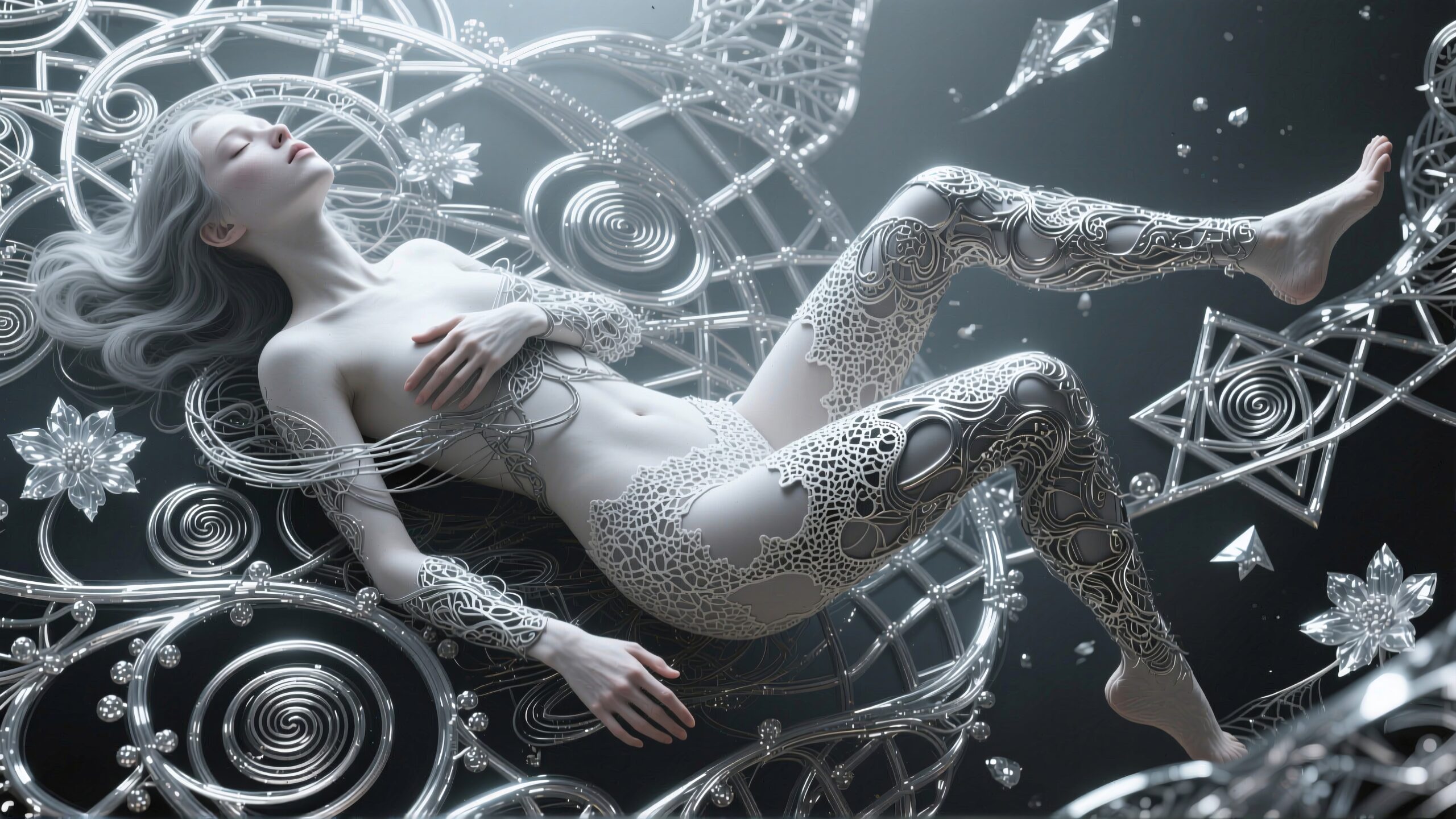 Surreal image of a woman floating within intricate metallic and lace-like patterns, embodying futuristic and ethereal aesthetics.