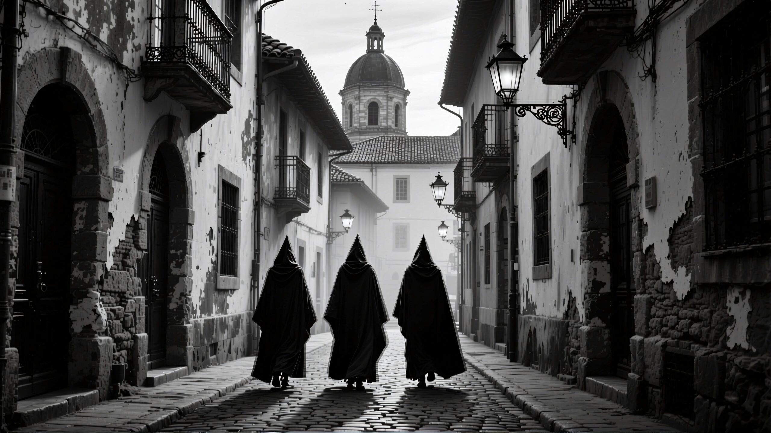 Mysterious figures walk down a historic cobblestone street lined with old architecture and illuminated by antique lamps.