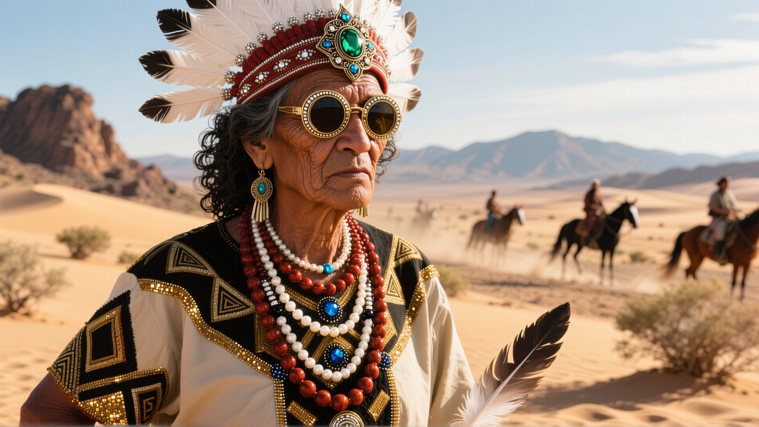 Elderly woman in traditional attire stands in a desert, wearing a beaded necklace and feathered headdress, with horseback riders in the background.